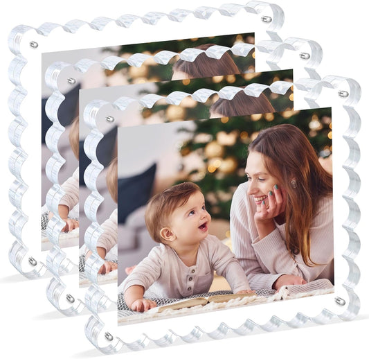 3Pack Scalloped Acrylic Photo Frame 8×10 Inch, 15+15mm Thick Block Clear Glass Photo Frame with Thick Block | Acrylic Picture Frames Modern Gift Set (3Pack, 8X10)