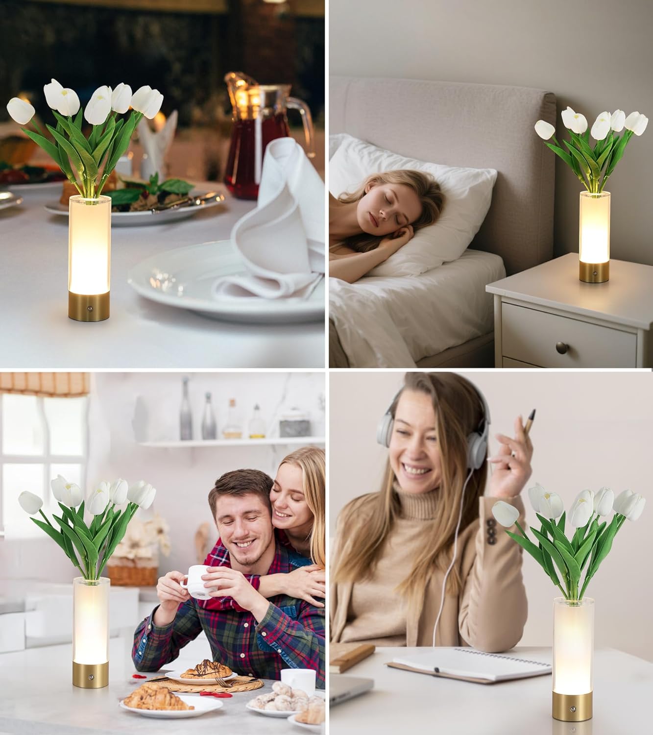 Flower Night Light,Touch Vase Lamp,Rechargeable Cordless Table Lamp,Dimming Small Mood Lighting for Dining Table/Bed Room/Bathroom/Closet,Gifts for Women/Mom, Artificial Tulips Included