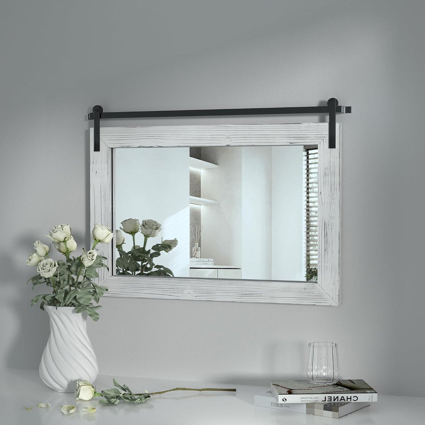 COGOOD Farmhouse Barn Door Mirror - 25 x 18 Rustic Wood Framed Decrative Mirror for Bathroom, Living Room, Entryway Wall Decor (White)