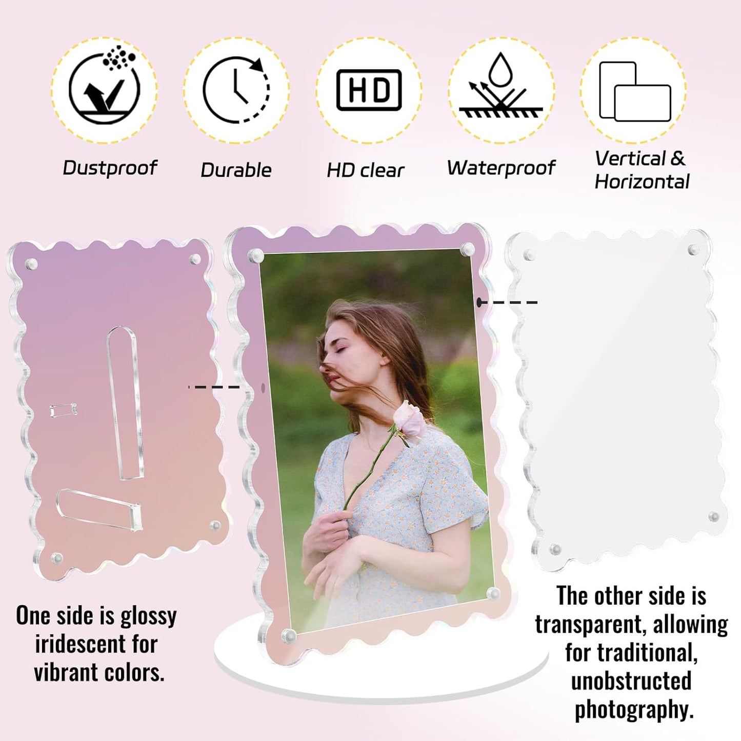 Acrylic Picture Frames 3 Pack 5x7 inch Scalloped Iridescent with Detachable Stand, Vertical and Horizontal Tabletop Display, Magnetic Photo Frames for Café/Home/Party/Wedding
