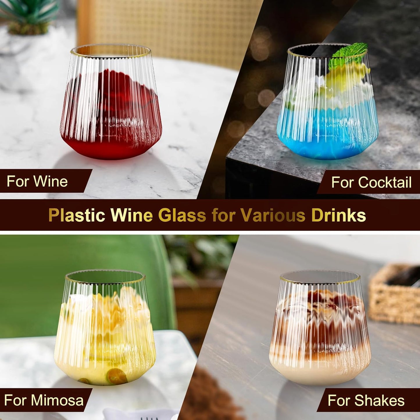 40 Pack Plastic Ribbed Wine Glasses, 14Oz Origami Disposable Wine Glasses Unbreakable Clear Plastic Cocktail Glasses Recyclable Shatterproof Reusable Wine Cups (14oz-Gold Rim 40pack)
