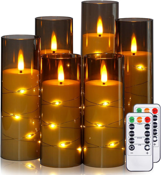 Grey Flameless Candles with Remote and String Light, 2.2"x 5",5",6",7",7",8" LED Battery Operated Plastic Flickering Timer Pillar Candles(Pack of 6,Turn On/Off String Light Mode)