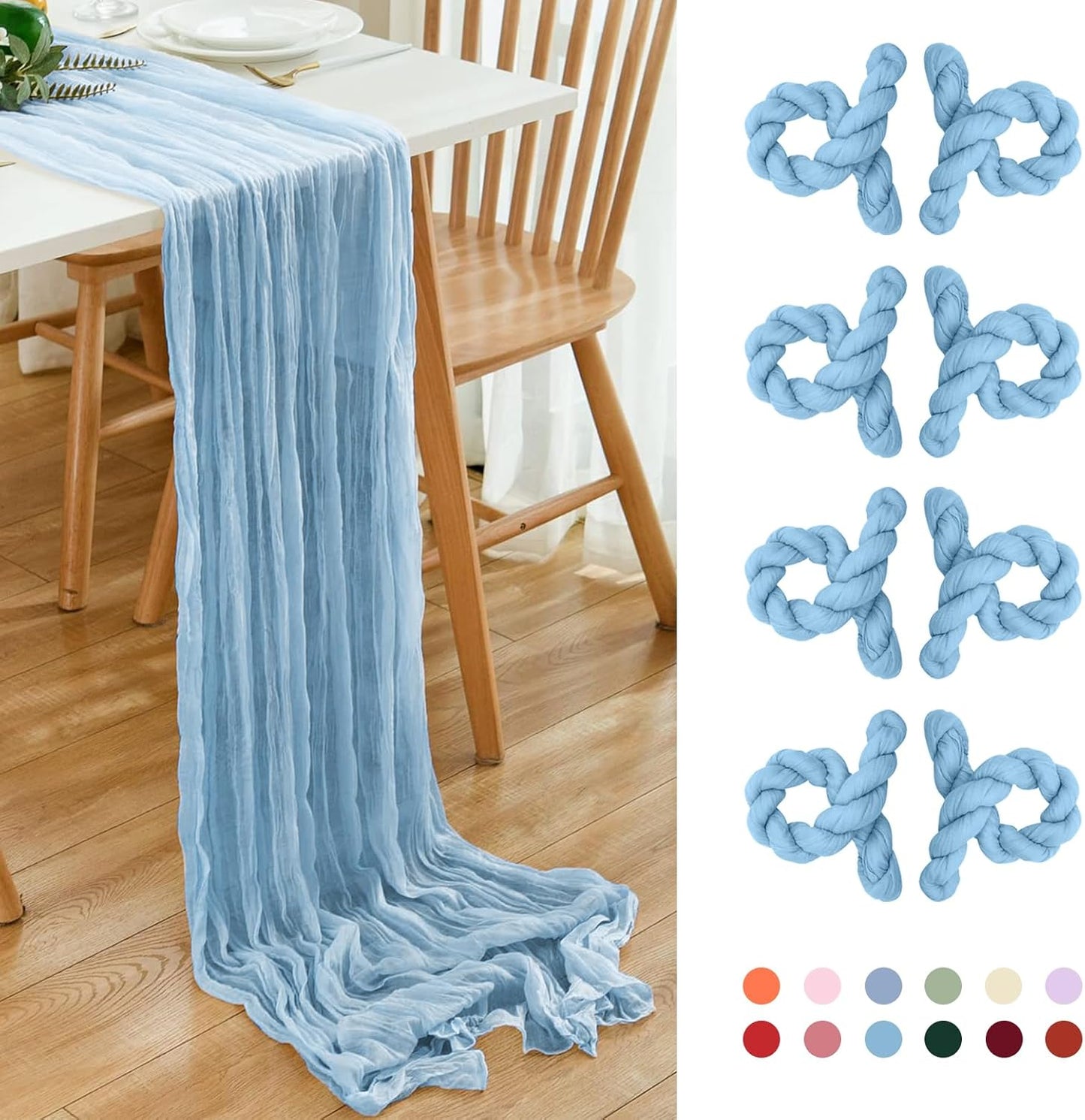 8 Pack 10Ft Table Runner 35x120 inch Baby Blue Boho Gauze Table Cheese Cloth Long Wrinkled Sheer Table Runner for Wedding Bridal Shower Birthday Party Table Decor