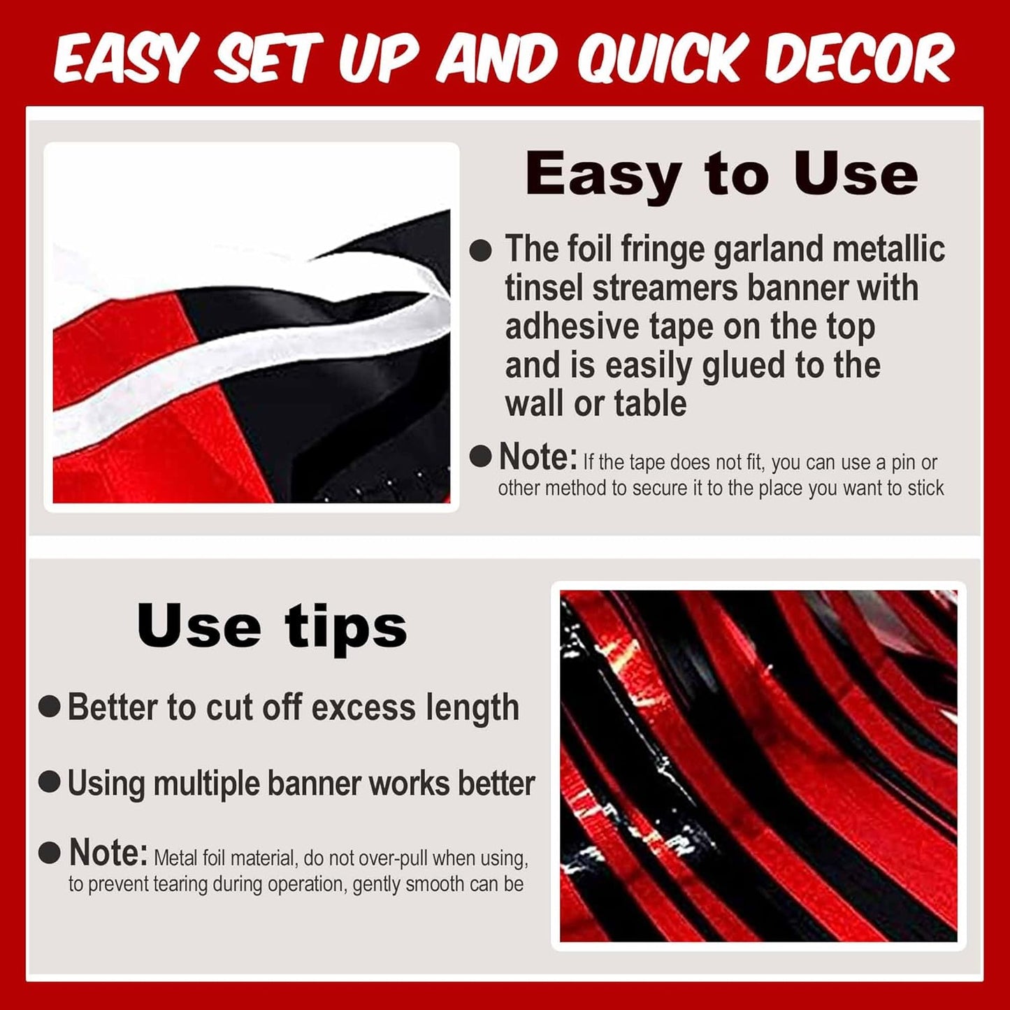 6 Pack 10 Ft Black and Red Foil Fringe Garland Metallic Streamers Tinsel Banner Wall Hanging Garland Backdrop for Parade Floats, Halloween, Christmas, Thanksgiving, New Year Party Decorations