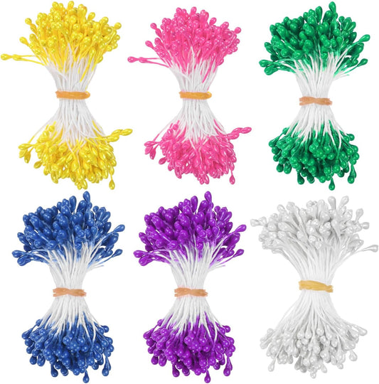 900-Pack Flower Stamens for Crafts, 5mm Double Heads Artificial Pearl Floral Pistil Mini Flower Pollens Stamens for DIY Making/Scrapbook Decoration [Green and 5 Colors]