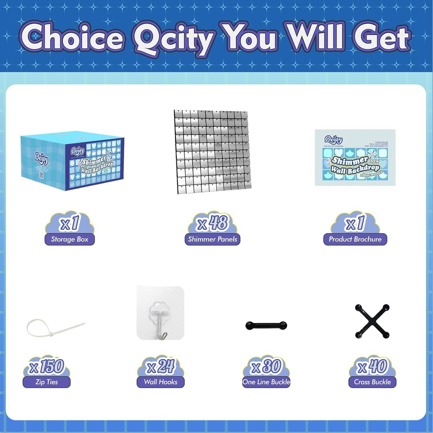 Qcity Silver Shimmer Wall Backdrop 48PCS, Black Back Not See-Through Design, Square Sequin Glitter Backdrop Panel, Perfect for Outdoor Events, Birthdays, Wedding and Party Decoration