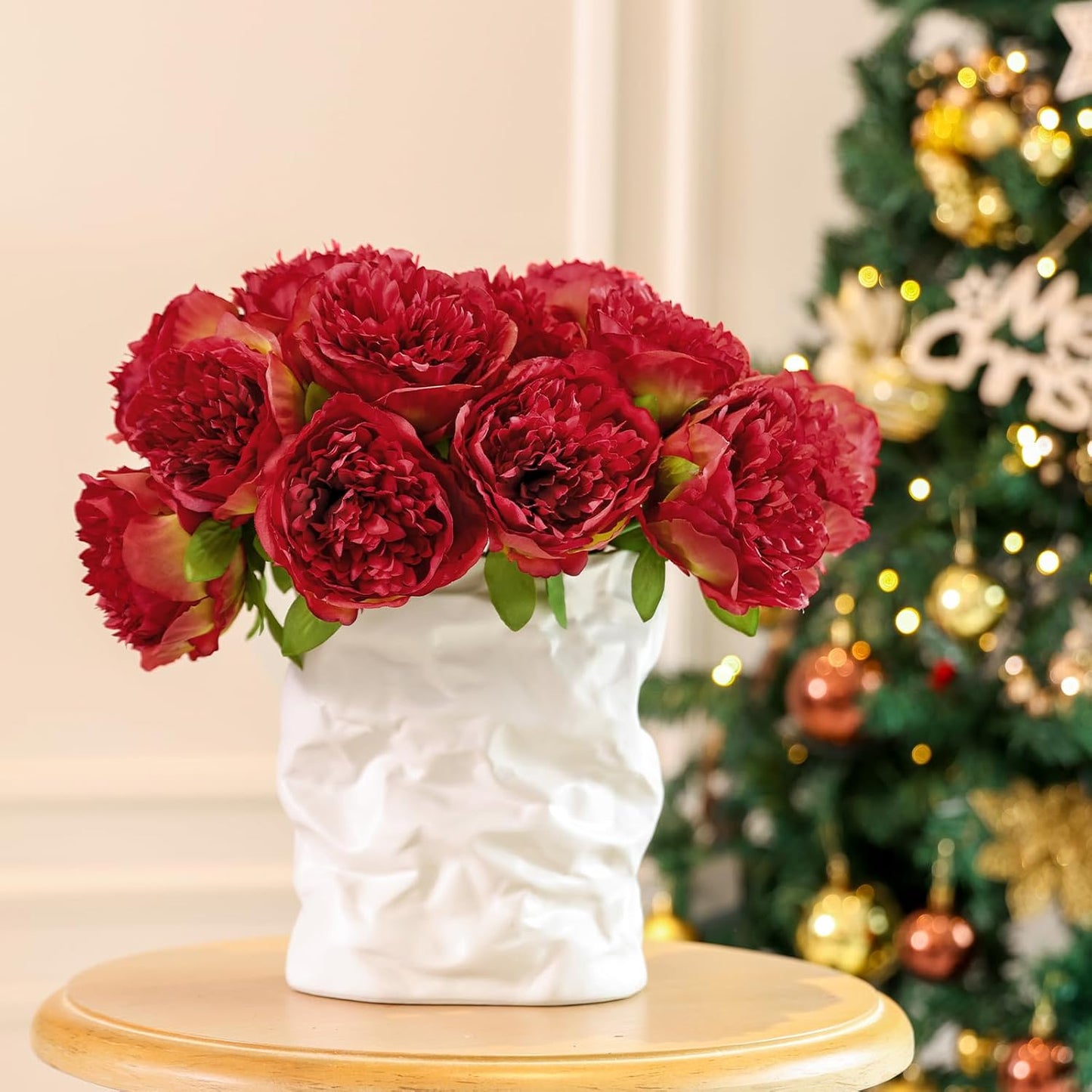 U'Artlines 20 Heads Artificial Peony Silk Flower Leaf for Christmas Holiday New Year Home Office Wedding Party Festival Bar Decor (Red)