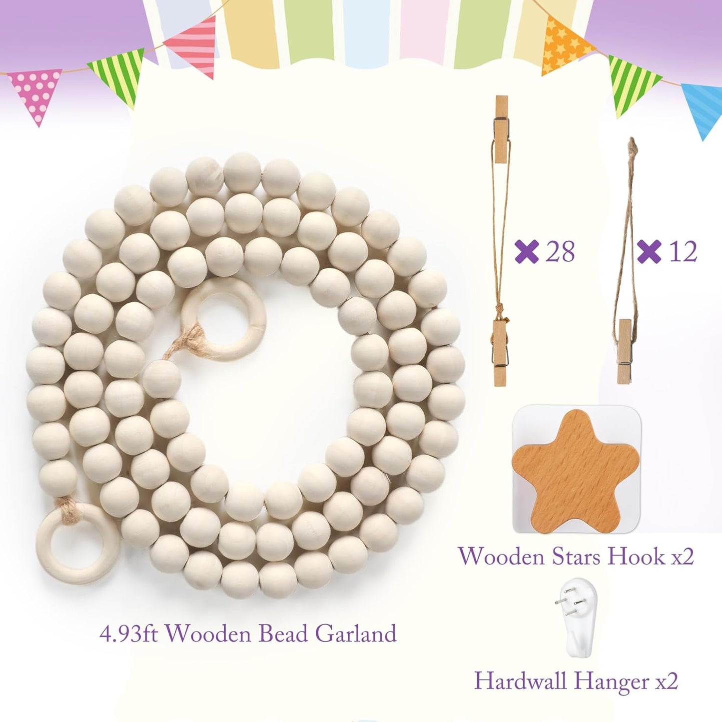 KOLLIEE Kids Artwork Display Art Wall Decor 4.93ft Boho Wooden Beaded Garland Collage Holder with Hanging Rings Stars Hook 40 Wood Clips for Kids Artwork Photo Room Bedroom Decor(Big Wooden Beads)