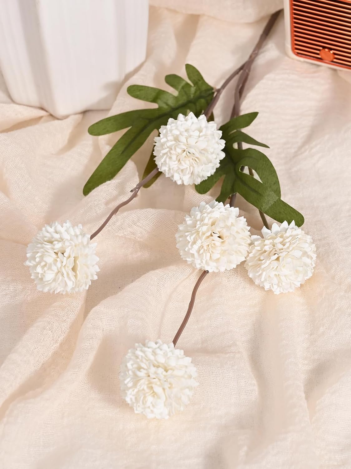 Waipfaru 10pcs Fake Silk Pompon Mum Artificial Flowers, Bulk Faux Mini Chrysanthemums with 2pcs Eucalyptus Stems, for Centerpieces Wedding Fillers Champagne Arrangements Shower Decorations, White