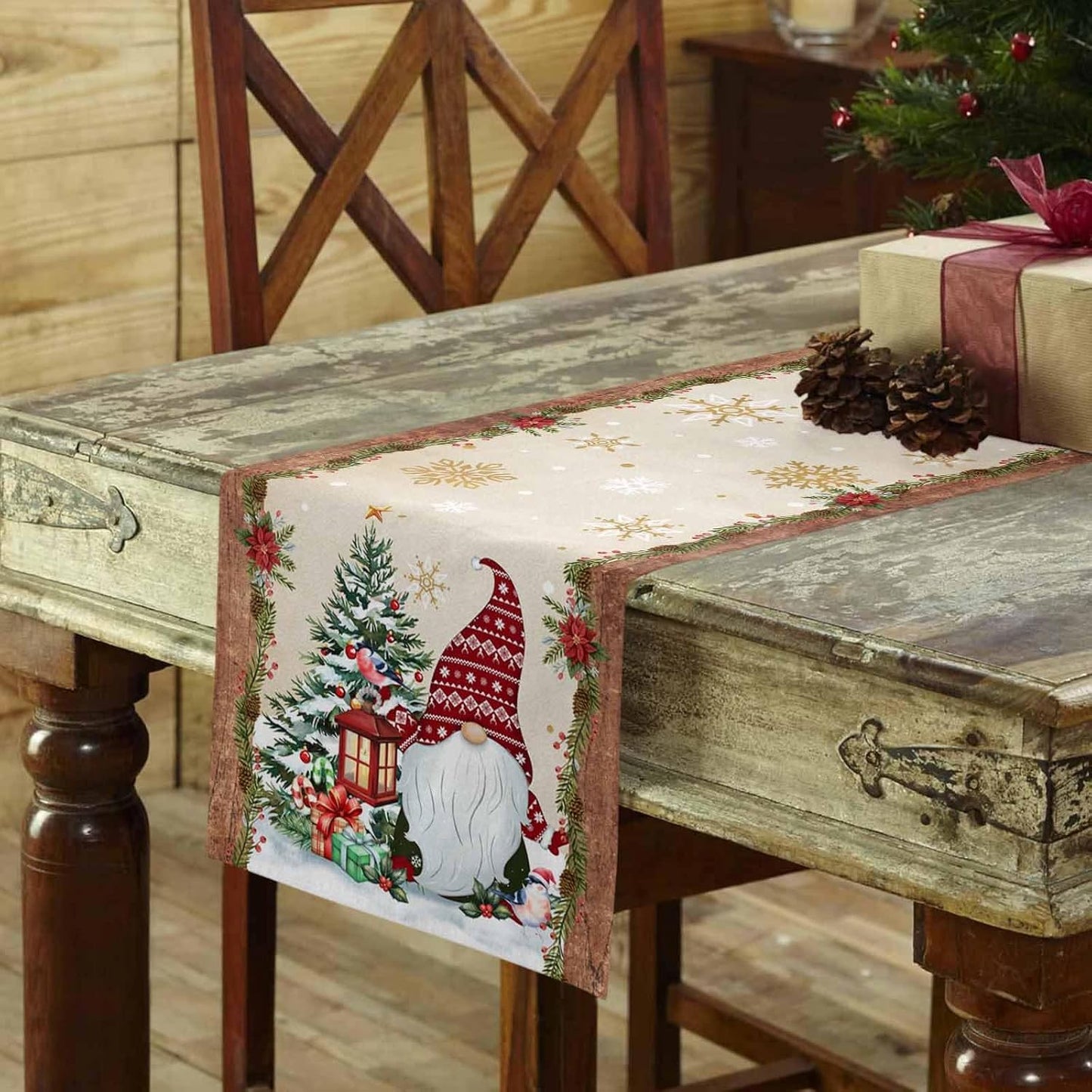 Christmas Gnomes Cotton Linen Table Runner for Dining Kitchen, Xmas Pine Tree Snowflake Rustic Wedding Outdoor Party Tablerunners Decoration, Retro Wood Dresser Scarf Tablecloth Runners 13x36 Inches