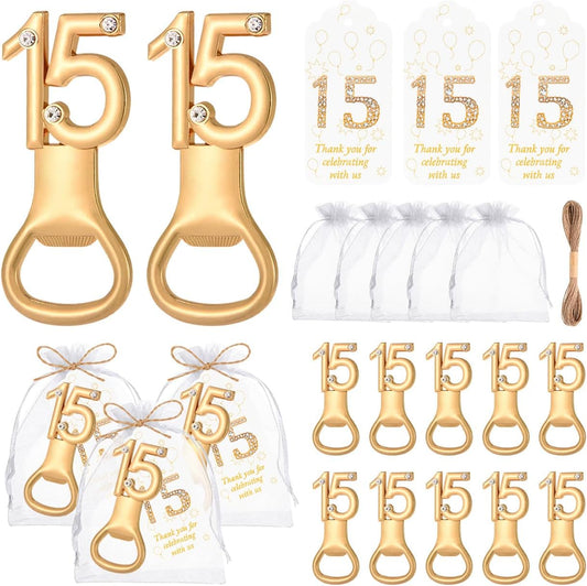 50Pcs 15 Gold Bottle Openers For 15th Birthday Party Favor 15th Birthday Bottle Opener Set Gift For Girls Boys Wedding Anniversaries Souvenirs Favor Party Quinceañera Recuerdos