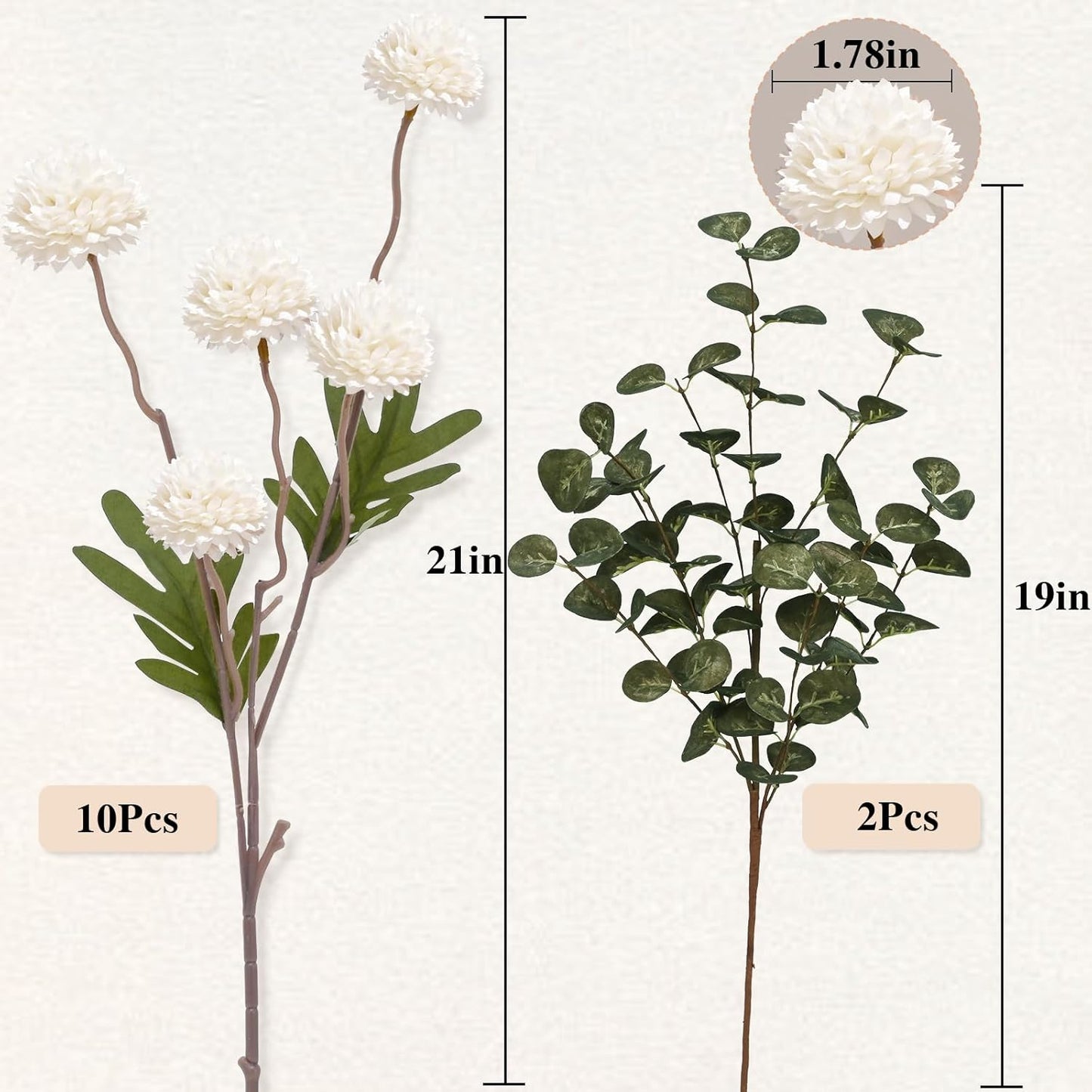 Waipfaru 10pcs Fake Silk Pompon Mum Artificial Flowers, Bulk Faux Mini Chrysanthemums with 2pcs Eucalyptus Stems, for Centerpieces Wedding Fillers Champagne Arrangements Shower Decorations, White