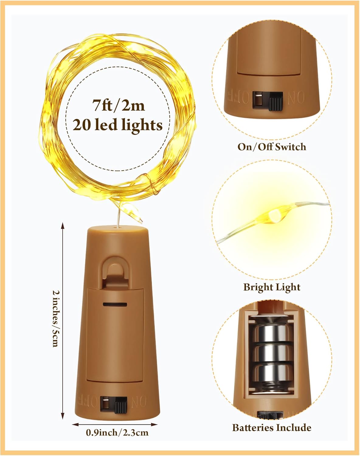 Hortsun 60 Pack Wine Bottle Lights with Cork Fairy Mini String Lights Battery Operated Mini Waterproof 7 ft Silver Wire 20 Led Cork Shape for Christmas, DIY, Party, Decor, Wedding, Bar(Warm White)