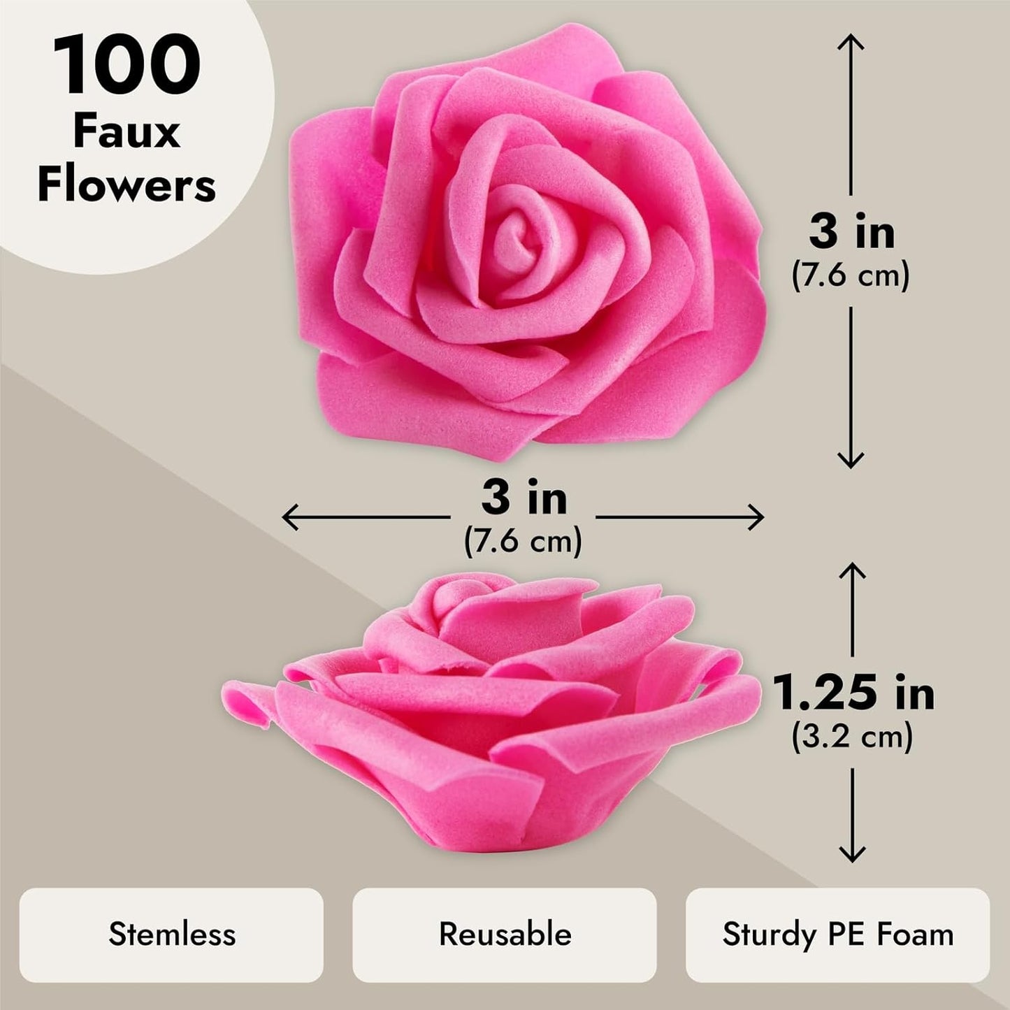 Juvale Artificial Roses - 3 in Heads, 100-Pack, Hot Pink - Faux Flowers for Vase & Wedding Decor - Centerpiece Table Decorations & Bridal Bouquet