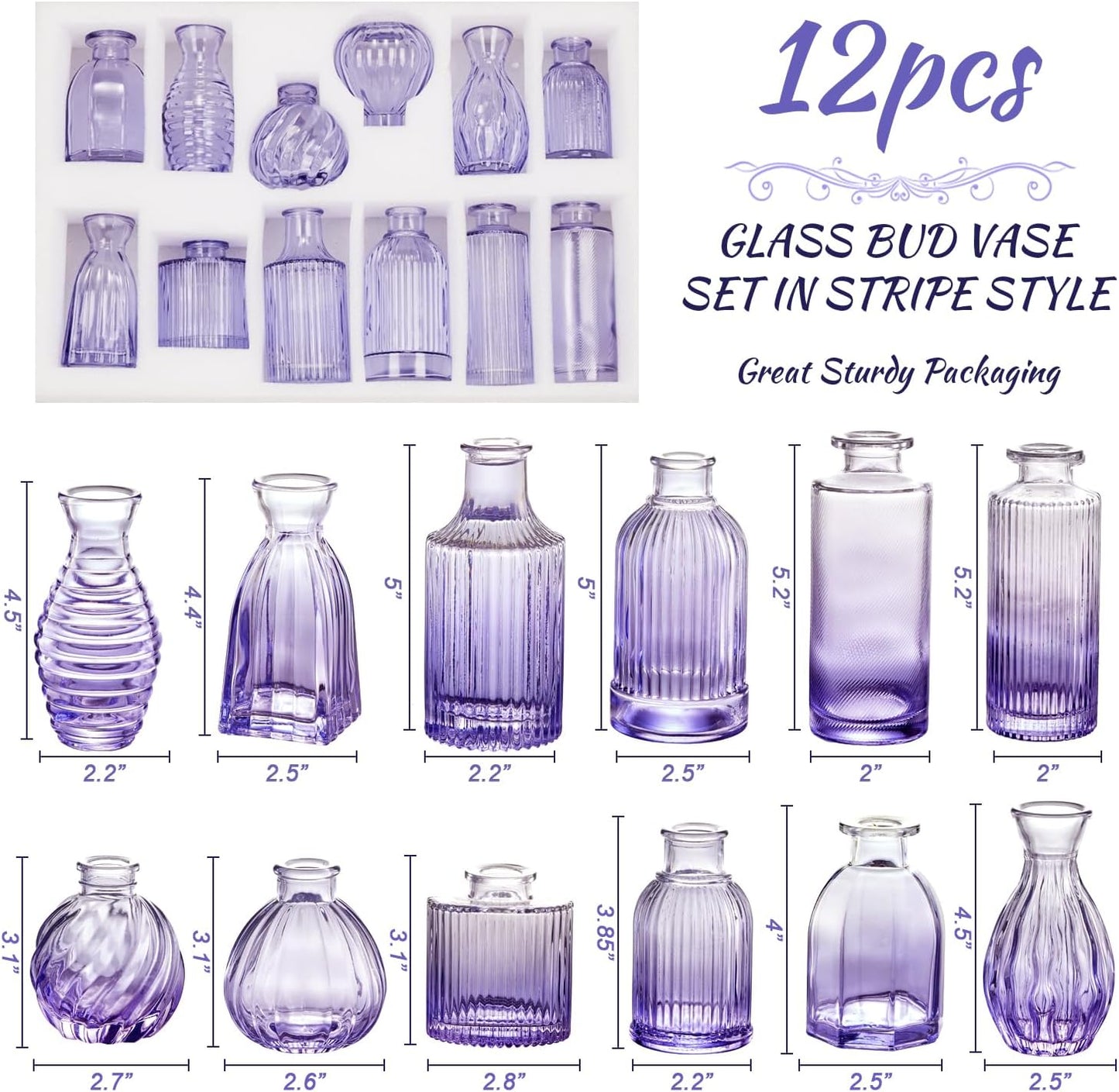 Glass Bud Vases Set of 12, Small Purple Vase Glass Vases for Flowers Modern Ribbed Colored Bud Vase for Decor Wedding Flower Vase in Bulk Vintage Decor Bridal Shower Centerpieces Home Table Decoration