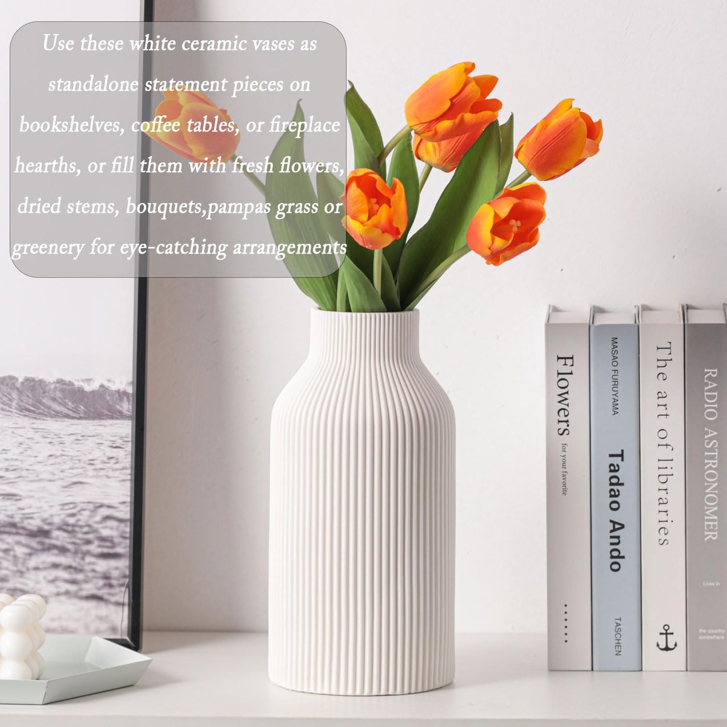 10 Inch White Ceramic Vase for Decor,Minimalist Modern Home Decorative Large Flower Vase for Pampas Grass,Bookshelf, Living Room, Shelf, Bedroom, Bathroom, Entryway Mantel Decor