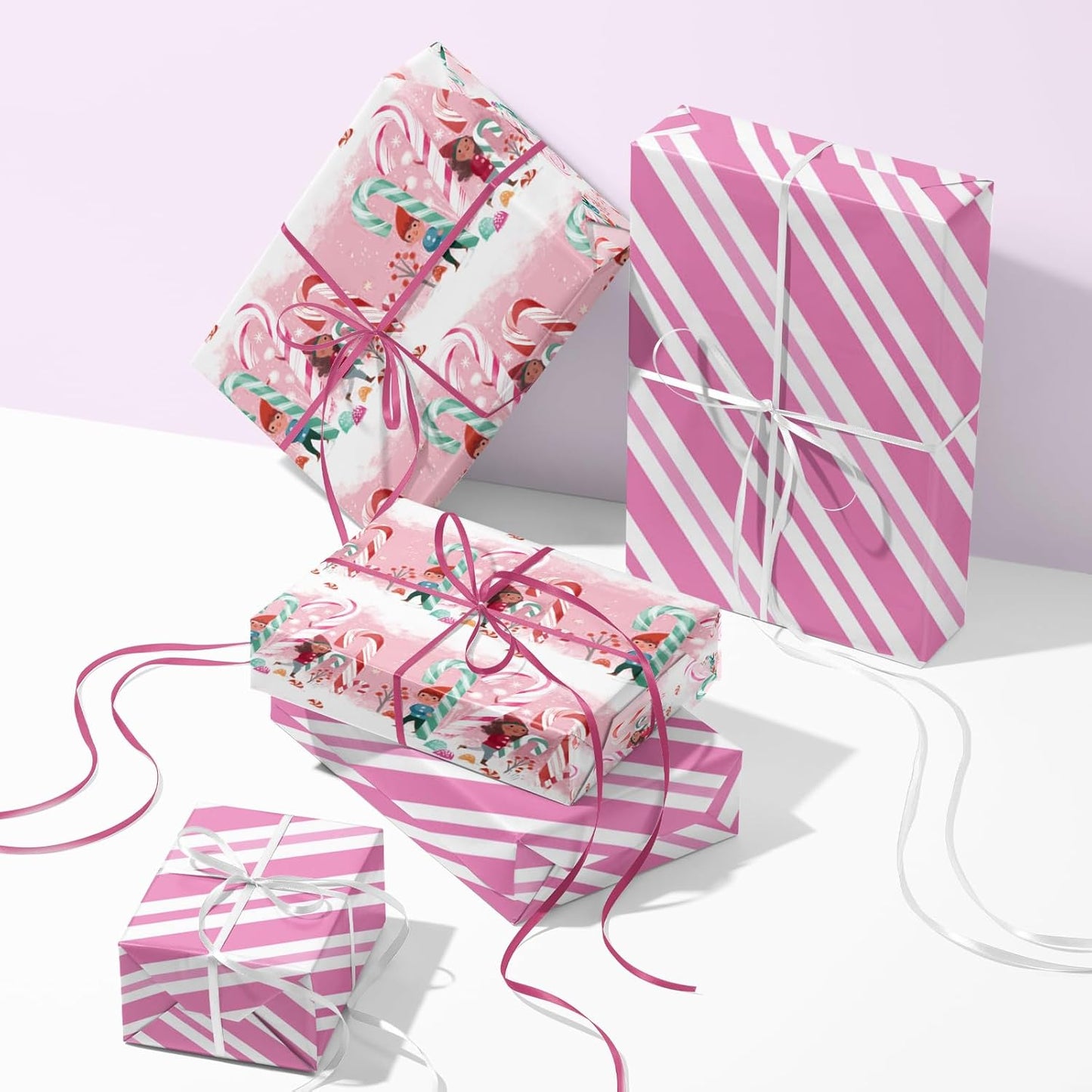 LeZakaa Christmas Pink Wrapping Paper Mini Roll for Kids, Playful Elf Cane Candy, Pink White Candy Stripes Sweet Snowy Reversible Design, 17 inches x 32.8 Feet