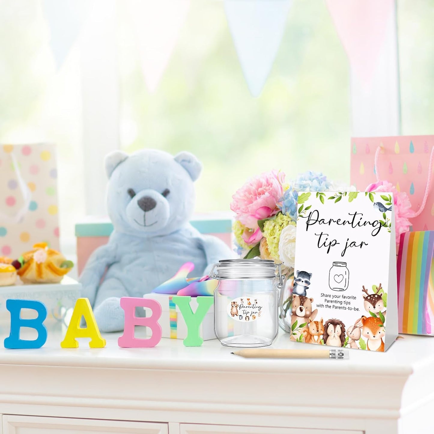 Roowest Baby Shower to Baby Advice Cards for New Parents to Be - Tip Jar Sign for New Parents 60 Parenting Advice Cards 10 HB Pencils 2 Cute Stickers 1 Pet Bottle for Guests Games(Woodland)