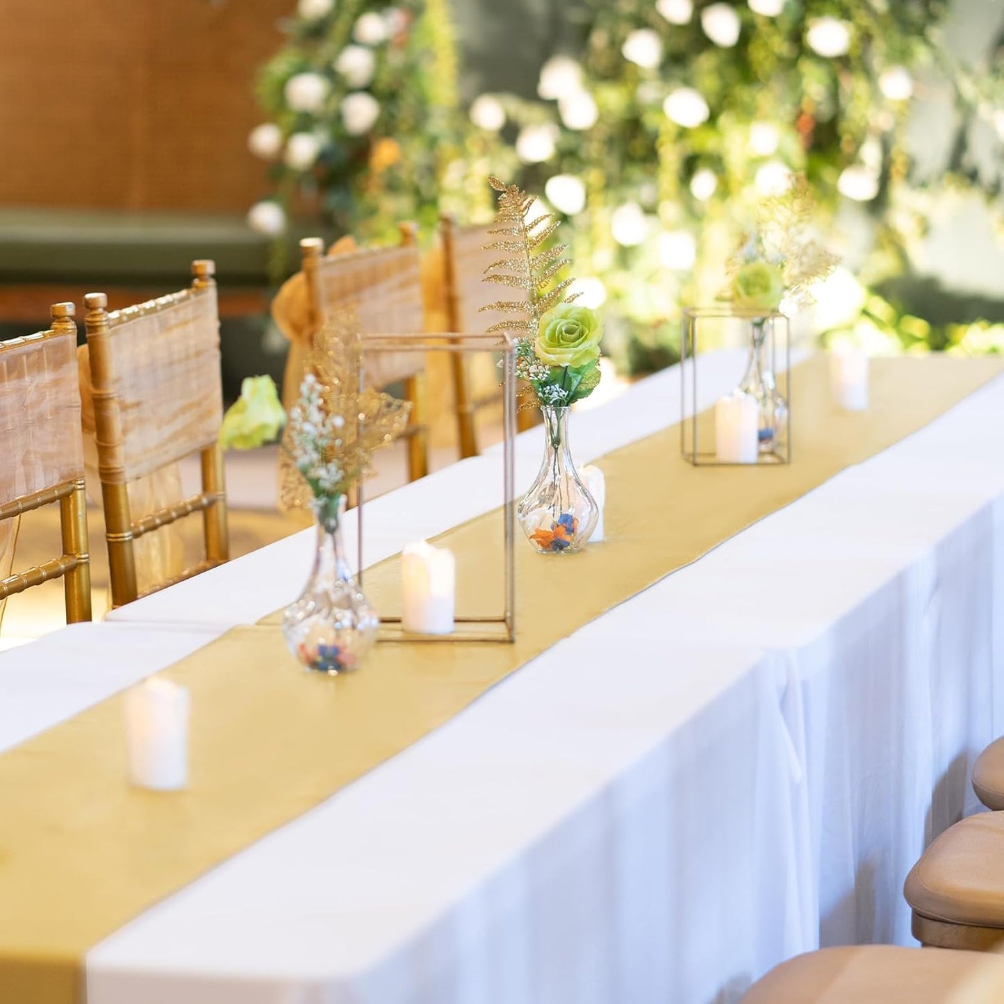 10 Pack Satin Table Runner 12 x 108 Inch Long Light Gold Silk Table Runner for Wedding Party Banquet Birthday Decoration