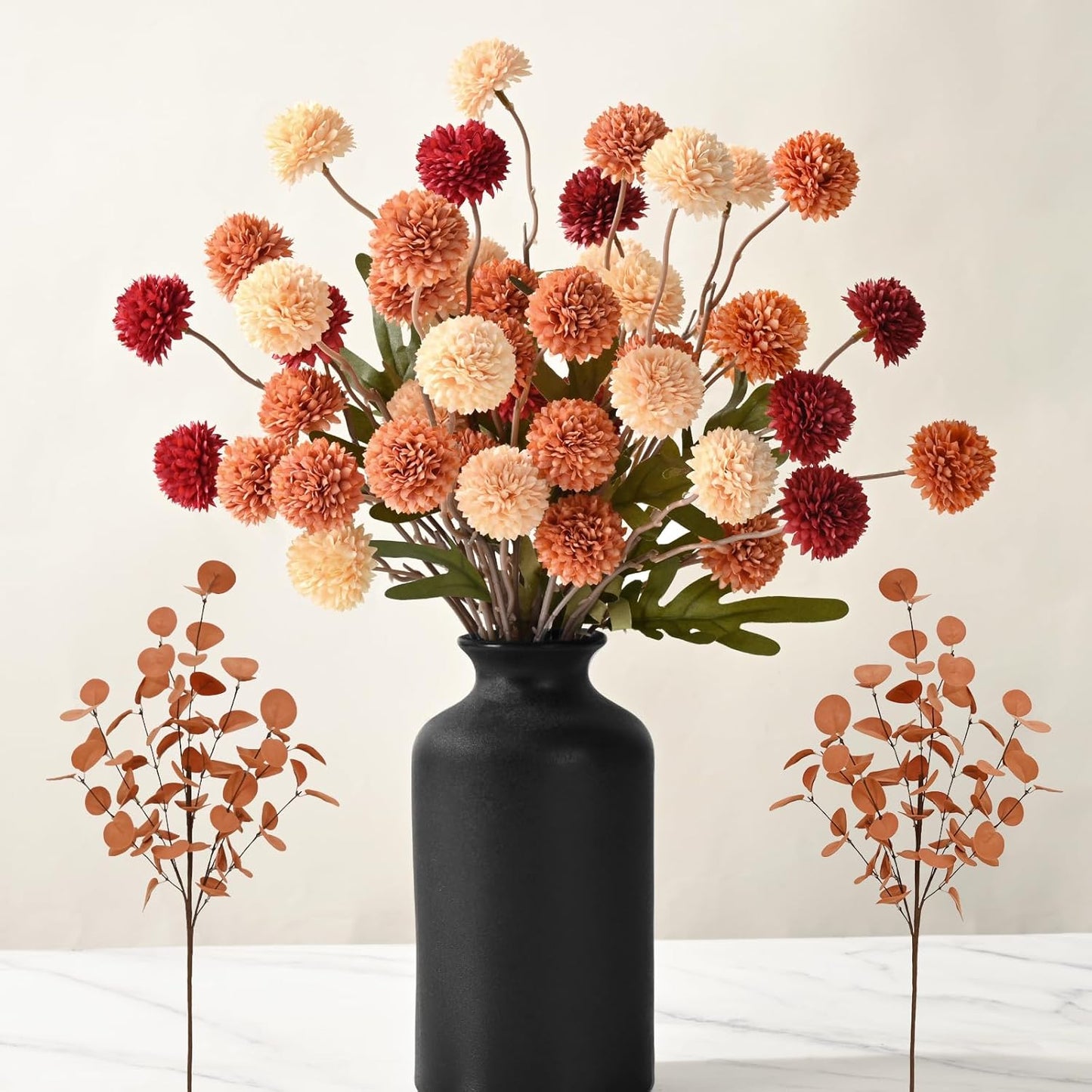 Waipfaru 10pcs Fake Silk Pompon Mum Artificial Fall Flowers, Faux Mini Chrysanthemums with 2pcs Eucalyptus Stems, Fall Decor for Centerpieces Wedding, No vase, Multicoloured