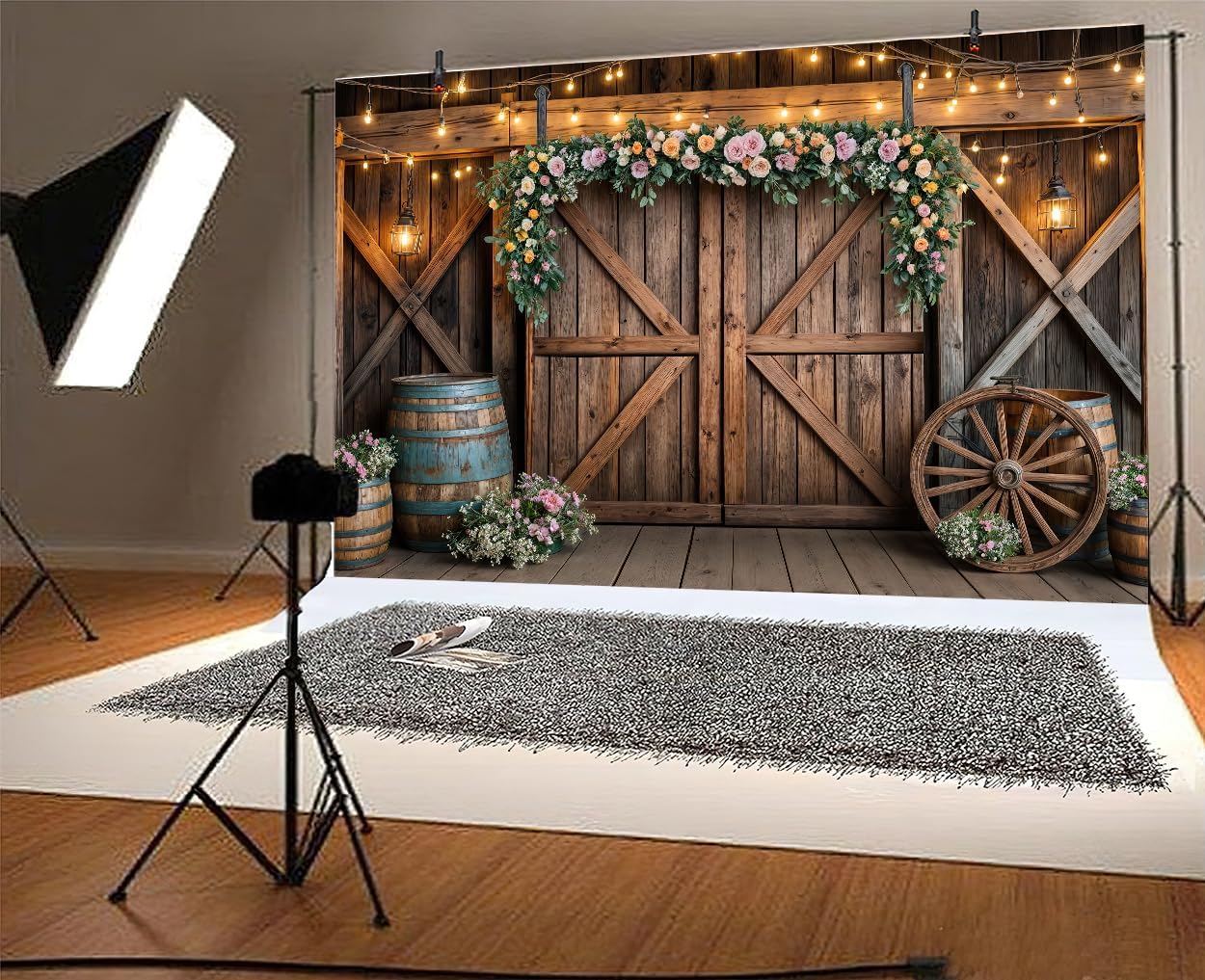 8x6ft Country Wedding Photography Backdrop Rustic Barn Door Photography Backdrop Farmhouse Pink Flower Cabin Wooden Birthday Baby Shower Wedding Bridal Party Banner Photo Booth Props Background