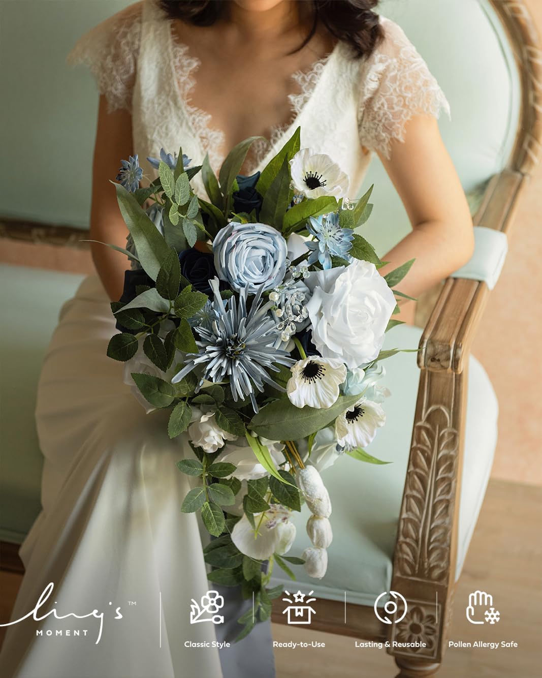 Ling's moment Dusty Blue Bridal Bouquet Cascading, Wedding Bouquets for Bride, 15 Inch Bride Bouquets for Wedding Artificial Flowers Bouquets