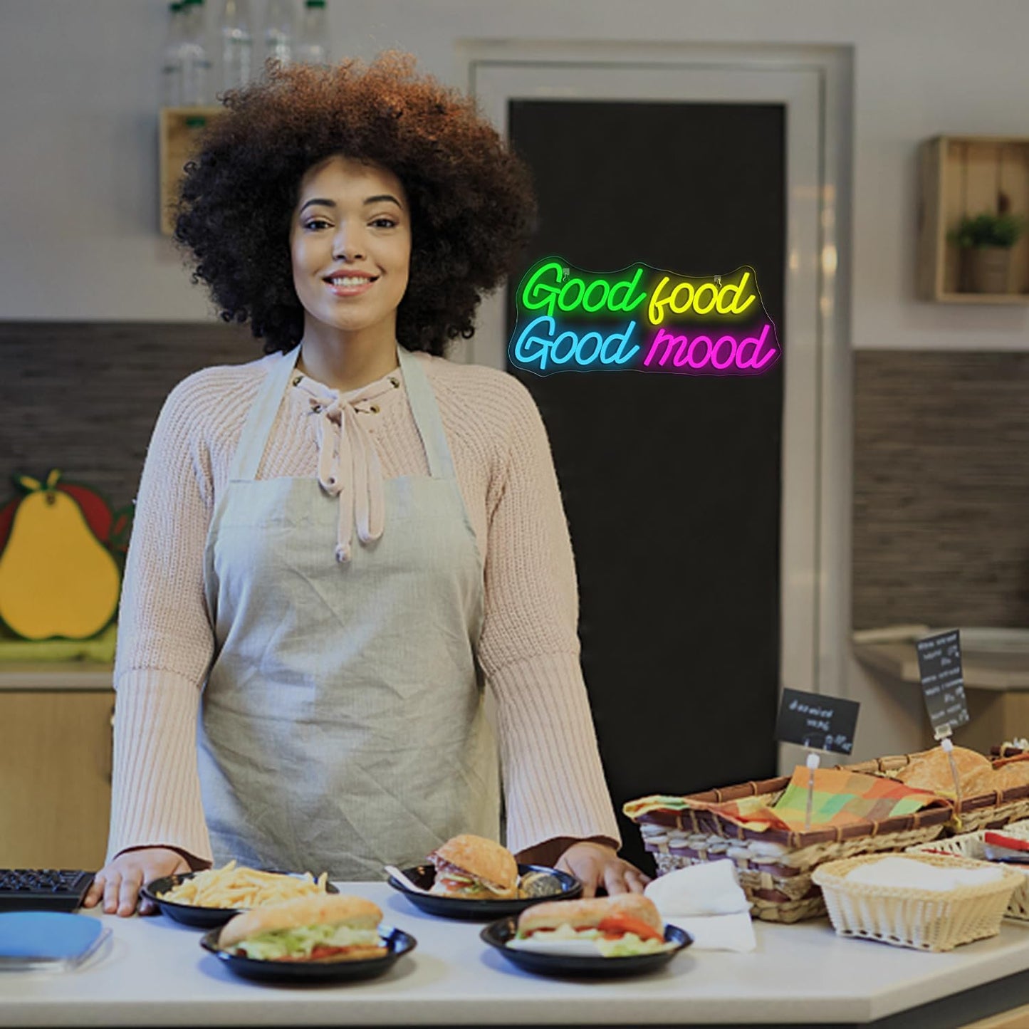 Looklight Good Food Good Mood Neon Sign,Letter Neon Signs for Wall Decor,Colorful Dimmable Neon Lights,USB Led Neon Signs for Kitchen Fast Food Shop Cafe Restaurant Store