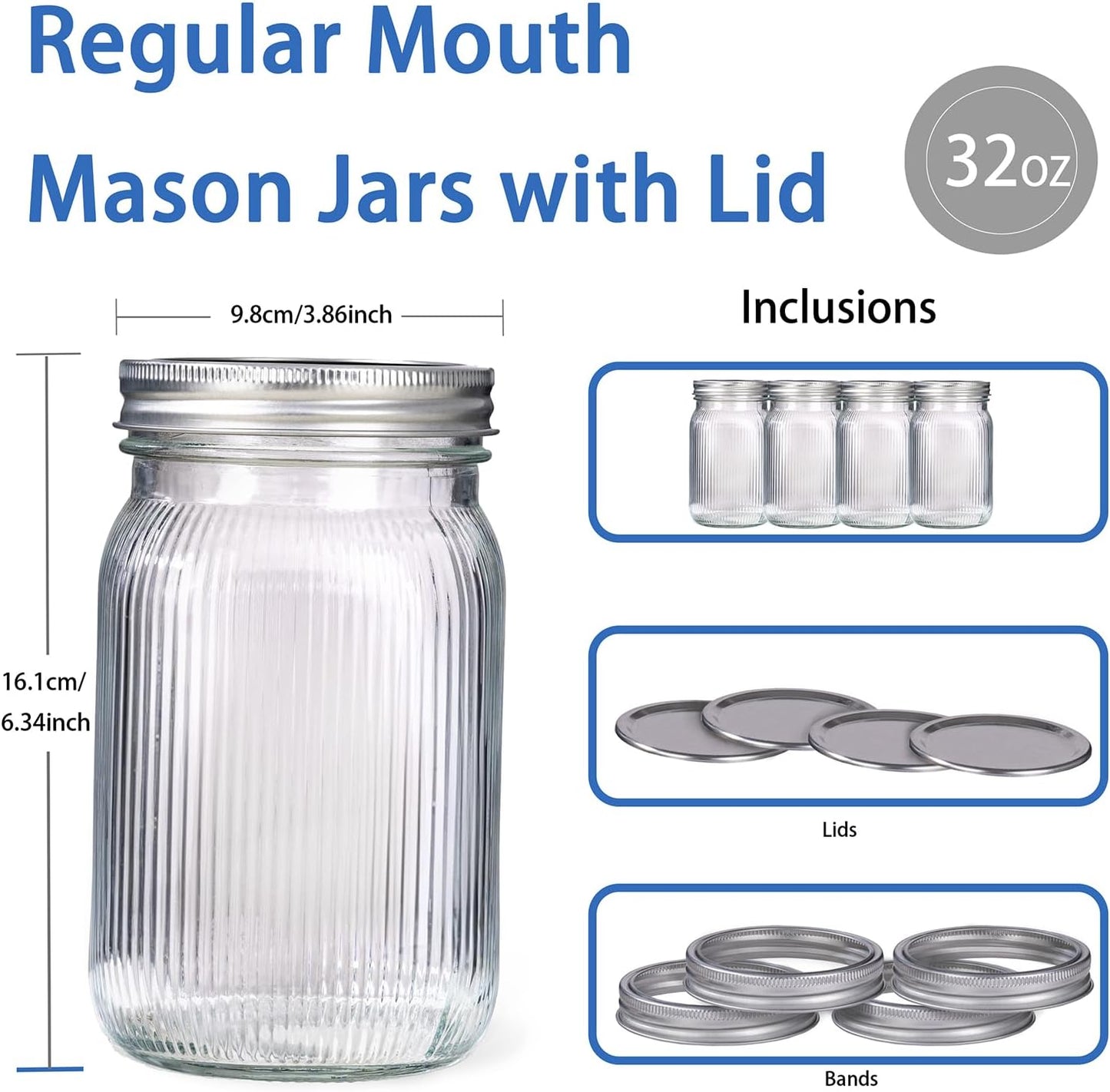 MirthMood 32 OZ Wide Mouth Mason Jars, 6 PACK Glass Mason Jars with airtight Lids, Quart mason jars wide mouth for Fermenting, Pickling, Freezing, Preserving, Meal Prep, Jar Décor
