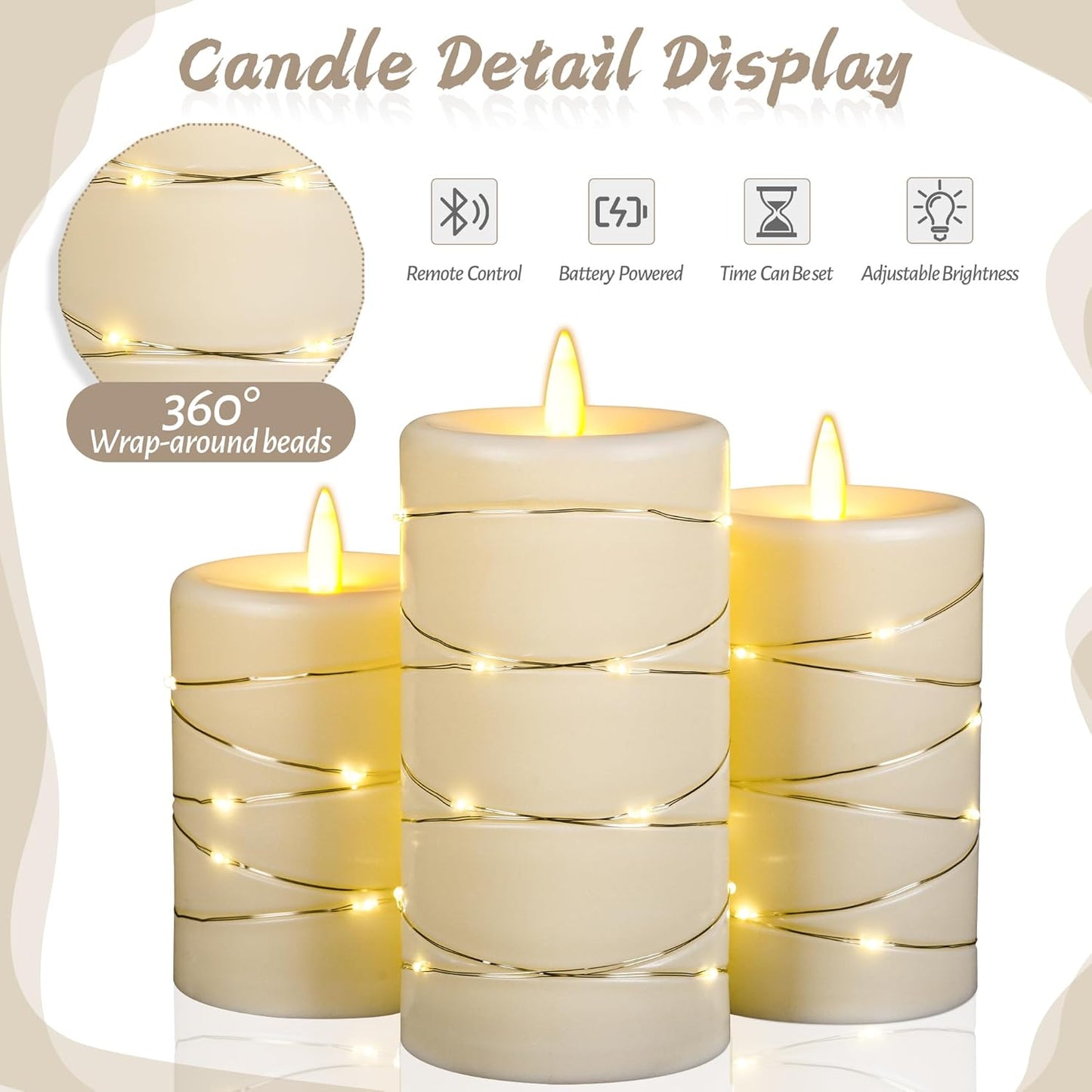 Upinmz Flickering Flameless LED Candles with String Lights, Remote Control and Timer - 3 Pack Ivory White Acrylic