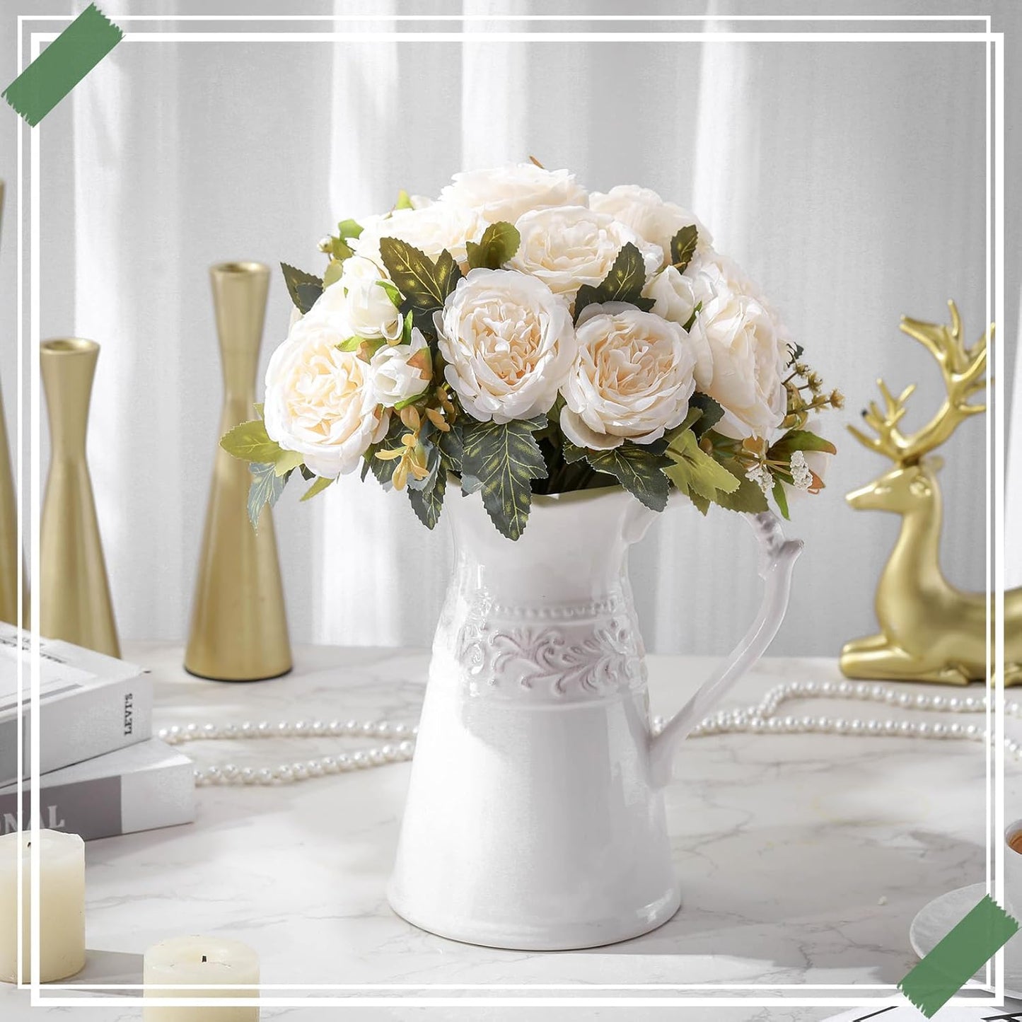 8 Bundles Artificial Peonies Flowers Boho Faux Flowers Arrangements Artificial Centerpiece Spring Bouquet Floral Wedding Decoration for Vase(Milk White)