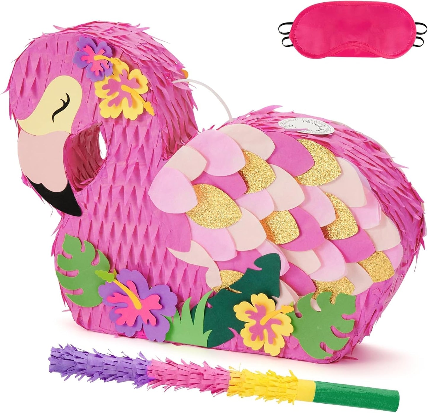 WERNNSAI Flamingo Piñata - Pink Piñata Bundle with Blindfold and Bat for Girls Kids Tropical Flamingo Theme Birthday Party Supplies Summer Pool Party Decorations for Fiestas Baby Shower
