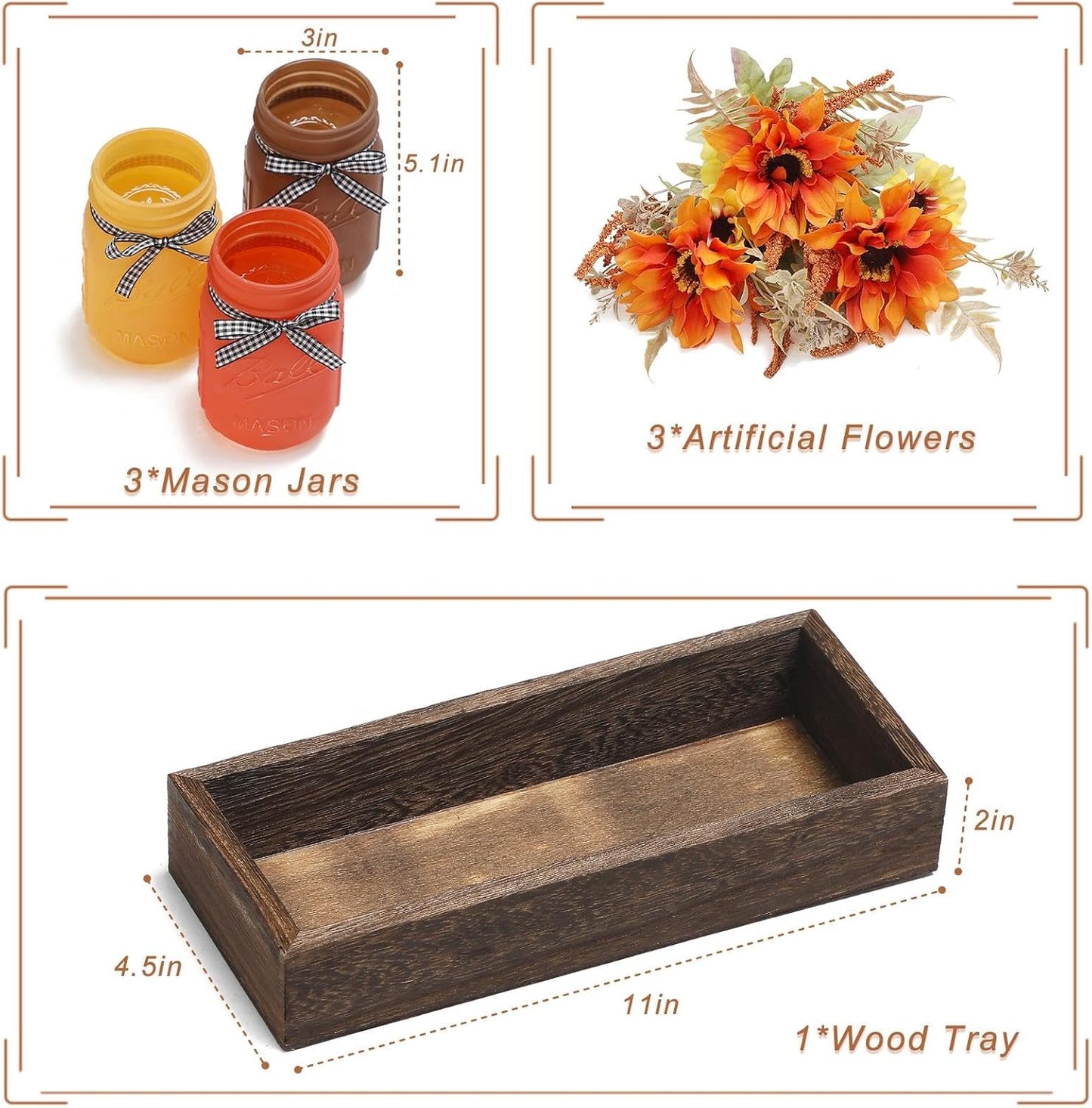 Fall Mason Jar Centerpiece for Table with Artificial Flowers, Set of 3 Thanksgiving Mason Jars Farmhouse Painted Decorative Jars for Thanksgiving Fall Home Decor, Thanksgiving Dinner Table Centerpiece