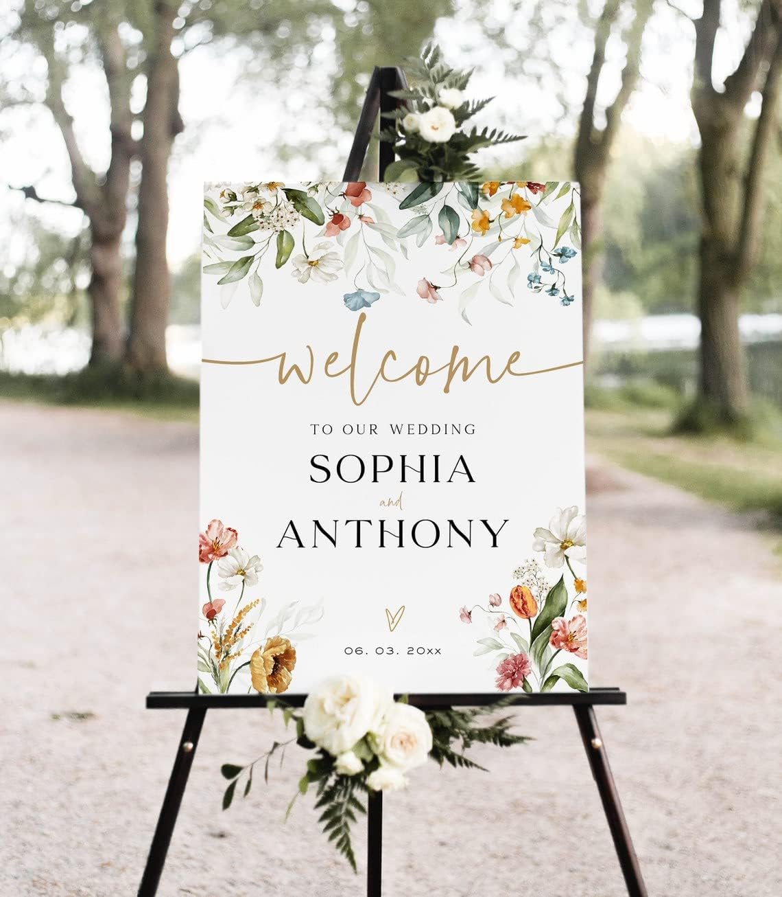 Generic Floral Wedding Welcome Sign, 18x27 inches, Plastic, 4 mm Thick, Tabletop/Hanging Mount, Includes Stand