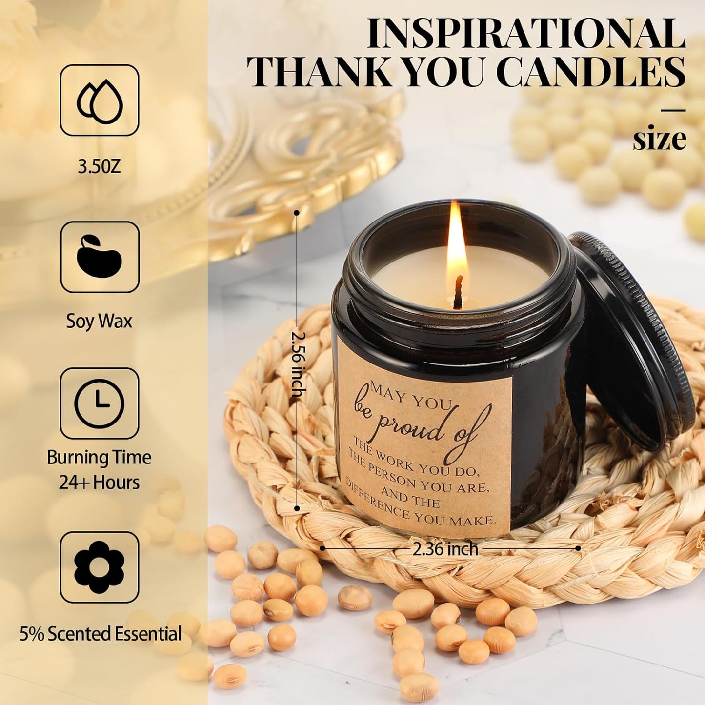 Roowest 10 Jars Thank You Gift Candles 3.5 oz Employee Appreciation Gifts Bulk Soy Wax Jar Inspirational Candle Thank You for Coworkers Employee Women Teacher Volunteers(Black,Classic Style)