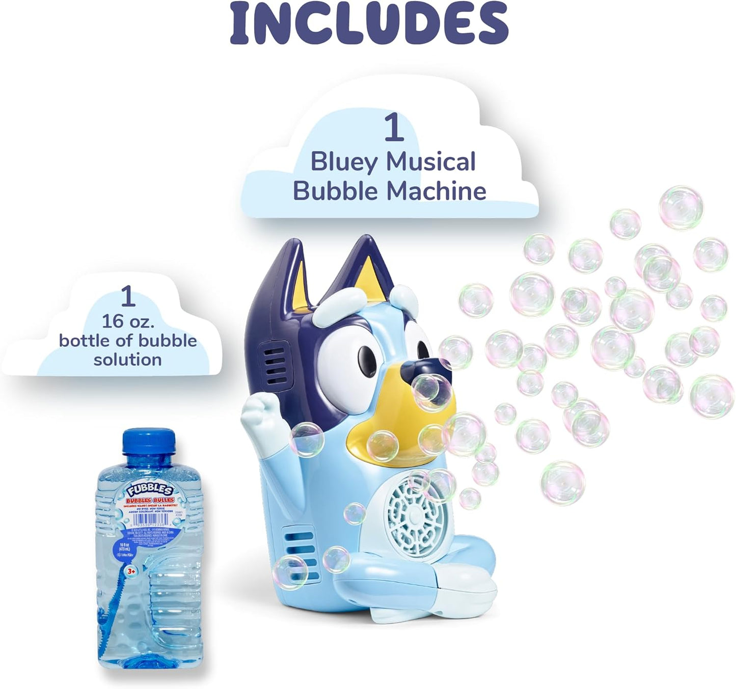 BLUEY NO Spill Musical Bubble Machine | Bubble Toy for Baby, Toddlers and Kids | Amazon Toys Exclusive with 16 oz of Extra Bubble Solution (Bubble Solution Bottle Colors Will Vary)