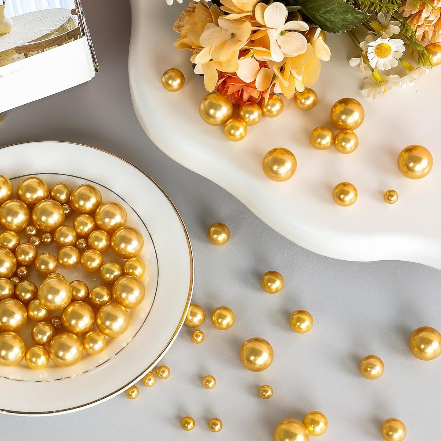 520Pcs Gold Beads for Centerpieces Decor, Artifical Pearls Vase Filler, Large Beads for Makeup Brush, No Hole Round Pearl Beads for Wedding Birthday Christmas Party Home Decor(18mm 14mm 6mm)