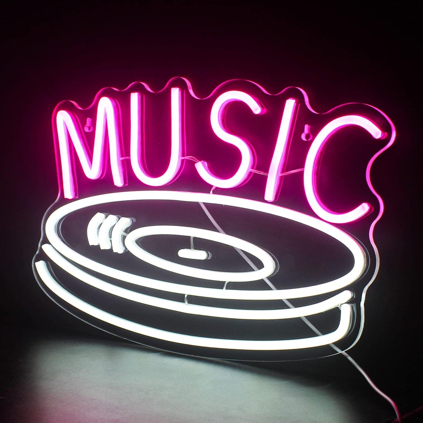 Music Record Neon Sign Pink White Led Neon Light Signs for Wall Decor Usb Light Up Signs for Bedroom Studio Music Live Record Store Kids Room Party Decoration