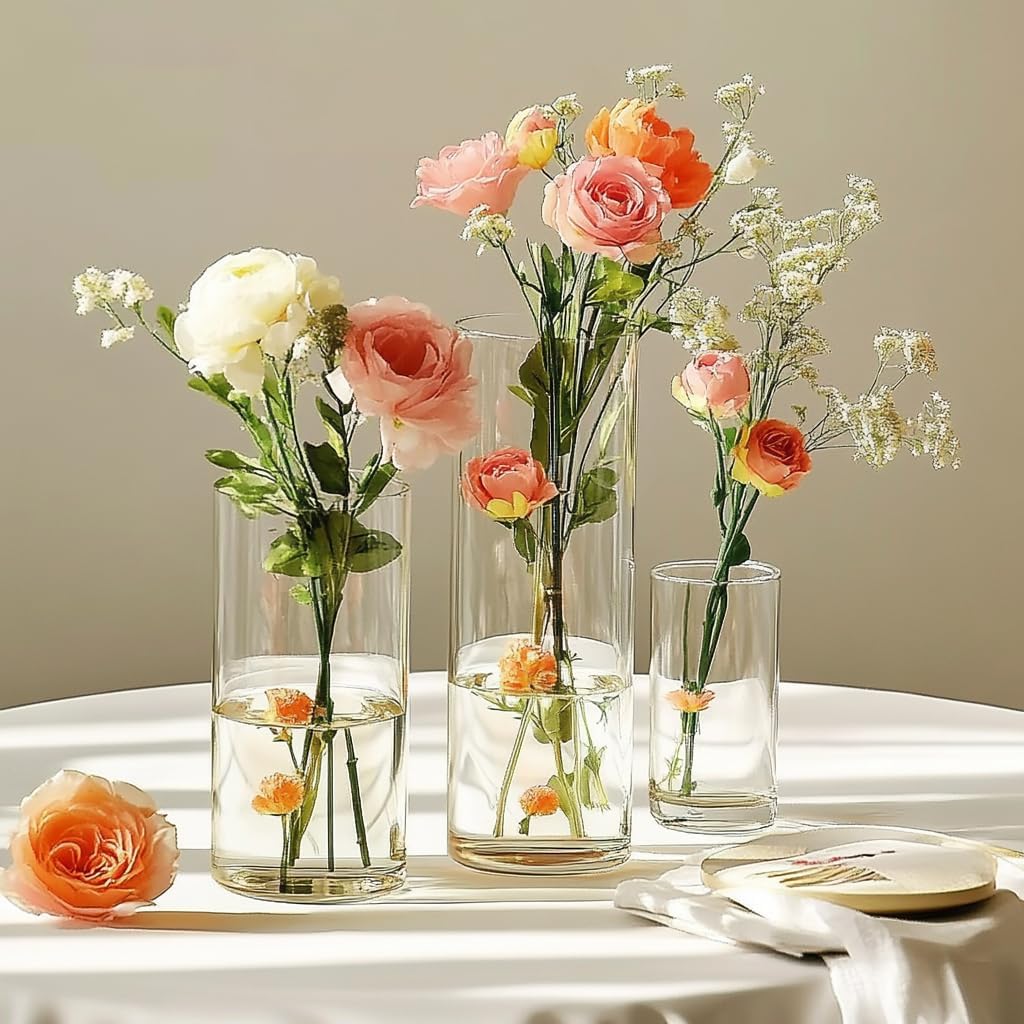 Glass Cylinder Vase Set of 18 for Centerpieces, 4,4.7,6 inch Tall Clear Vase Bulk Floating Candle Holder for Wedding Table Home Décor and Party