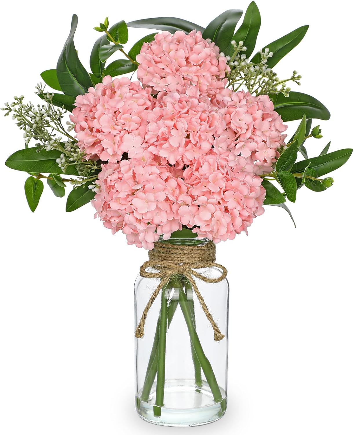 Hollyone Pink Hydrangea Artificial Flowers in Clear Glass Vase with Faux Water Silk Hydrangeas Fake Flowers Floral Arrangement for Home Bathroom Kitchen Office Table Centerpiece Shelf Decorations