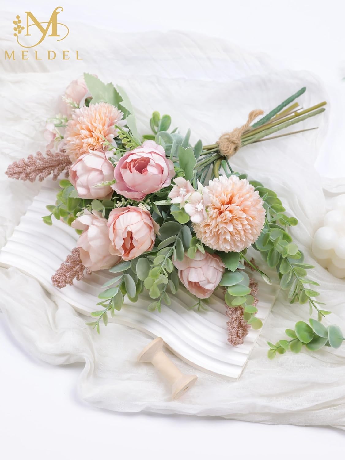 Meldel 3Pcs Peony Bouquet Light Pink Champagne Rose Artificial Flowers Eucalyptus Plants Silk Flower Arrangements Wedding Bouquets Decorations Plastic Floral Centerpieces for Home Kitchen Party Decor