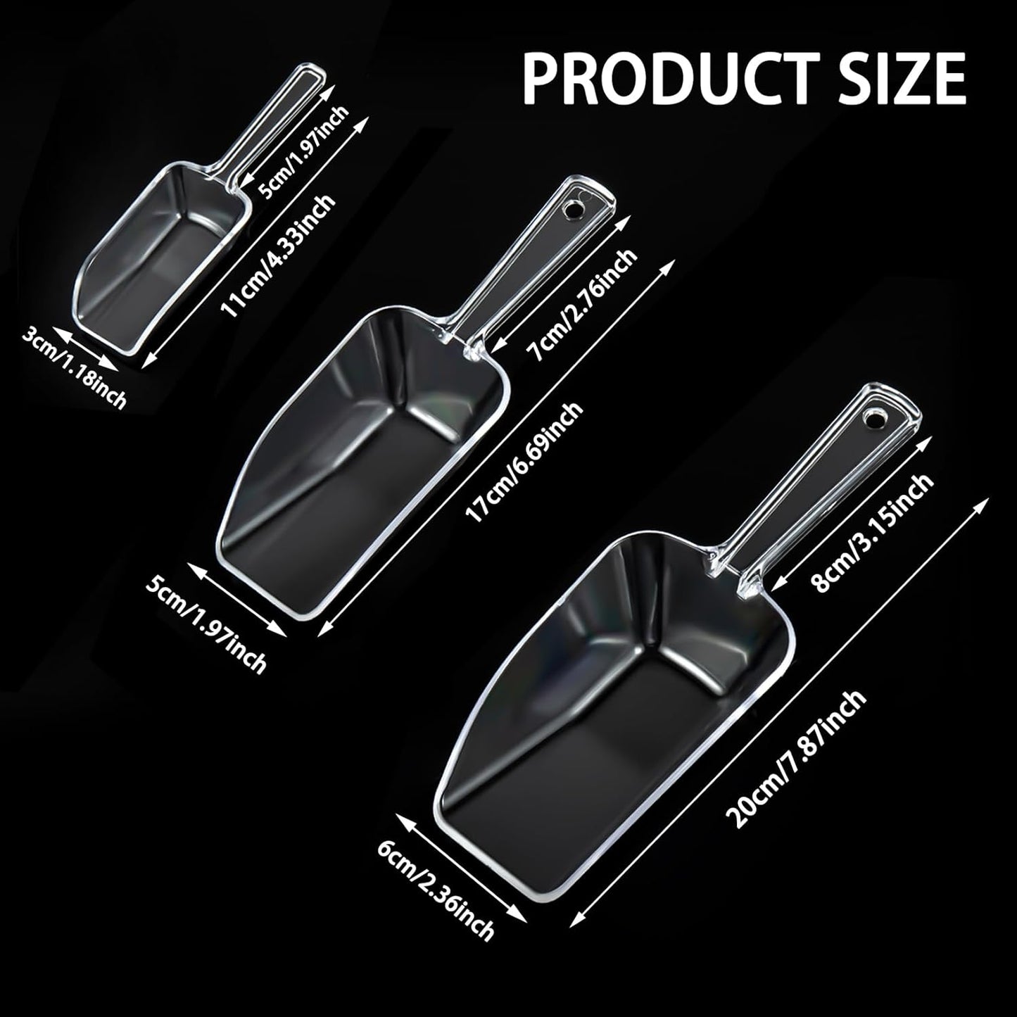 3 in 1 Clear Plastic Ice Scoop Set, Small Acrylic Serving Scoops for Candy Buffet, Canisters, Dry Goods Multi-Purpose Kitchen Mini Food Scoop for Coffee, Flour, Sugar, Salt, Wedding Desserts (L&M&S)