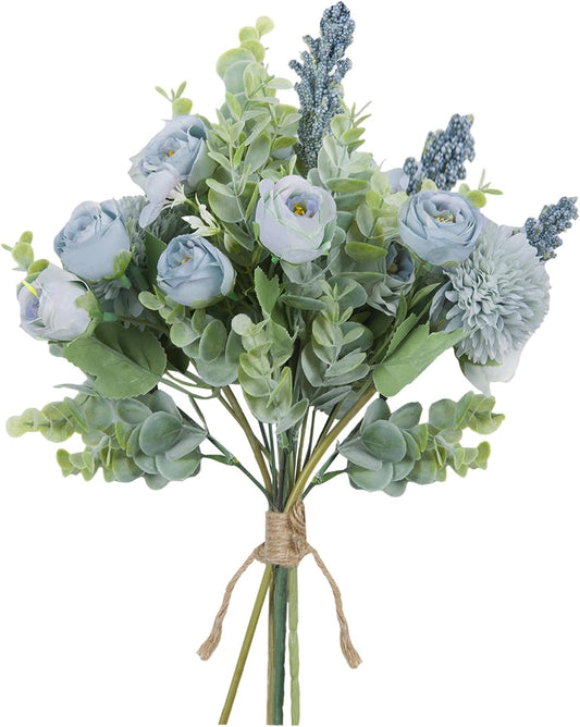 Meldel 3Pcs Rose Bouquet Blue Artificial Flowers Fake Eucalyptus Plants Silk Flower Arrangements Wedding Bouquets Decorations Plastic Floral Table Centerpieces for Home Kitchen Garden Party Decor