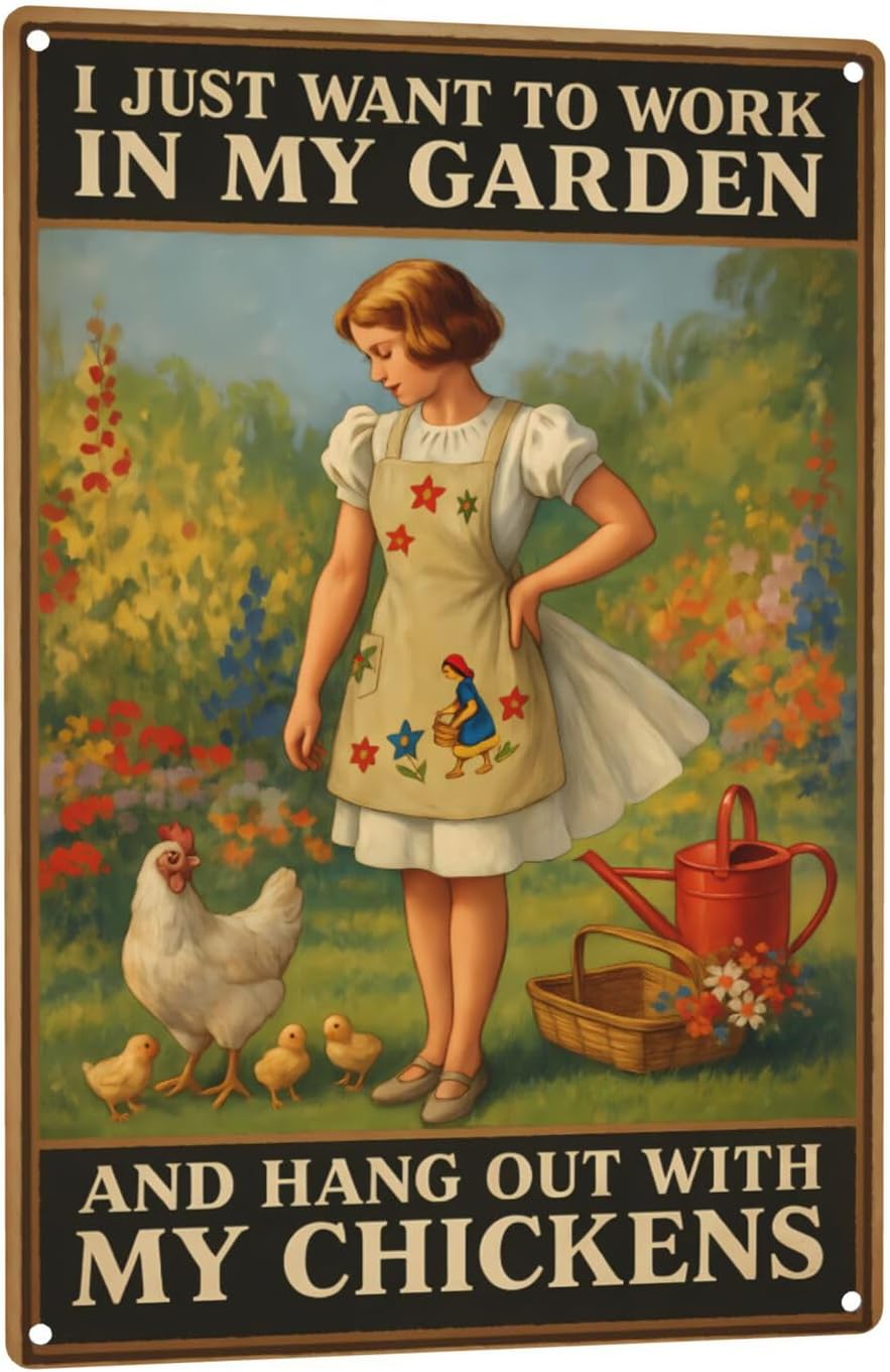 Funny Garden & Chicken Coop Sign - "I Just Want to Work in My Garden and Hang Out with My Chickens" Rustic Metal Wall Decor for Farmhouse, Backyard