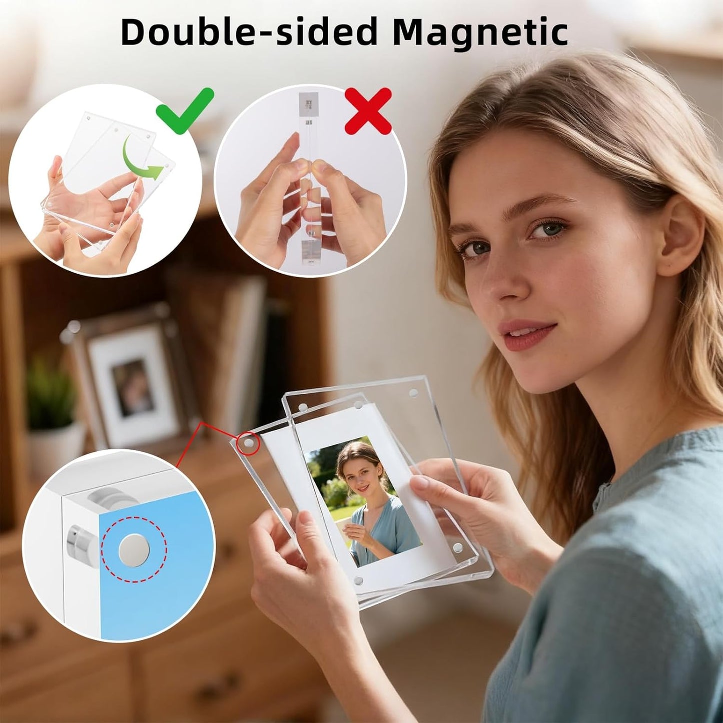 Magnetic Acrylic Picture Frame 4x6 (3-Pack) – Clear Lucite Double-Sided Frameless Photo Display 20mm Thick, UV Resistant with Strong Magnets for Home, Office, and Gift