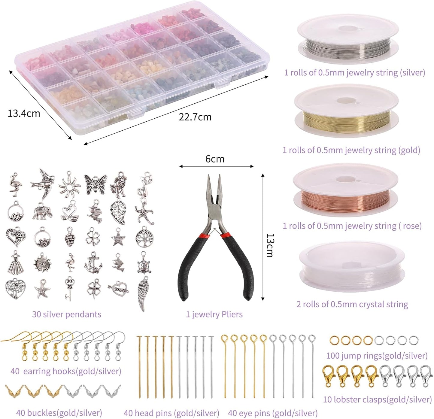 QUEFE 1800pcs 56 Colors Crystal Beads, Ring Making Kit, Gemstone Chip Beads Irregular Natural Stone with Jewelry Making Supplies for DIY Craft Bracelet Necklace Earrings, Craft Gifts