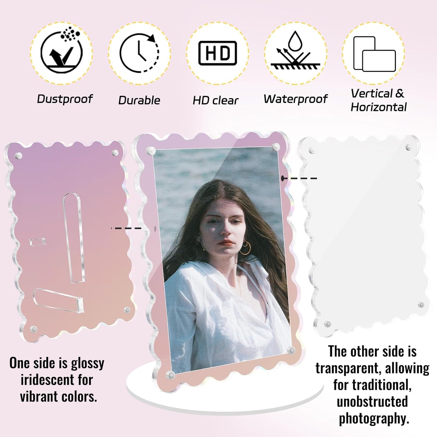 Acrylic Picture Frames 3 Pack 4x6 inch Scalloped Iridescent with Detachable Stand, Vertical and Horizontal Tabletop Display, Magnetic Photo Frames for Café/Home/Weeding/Party