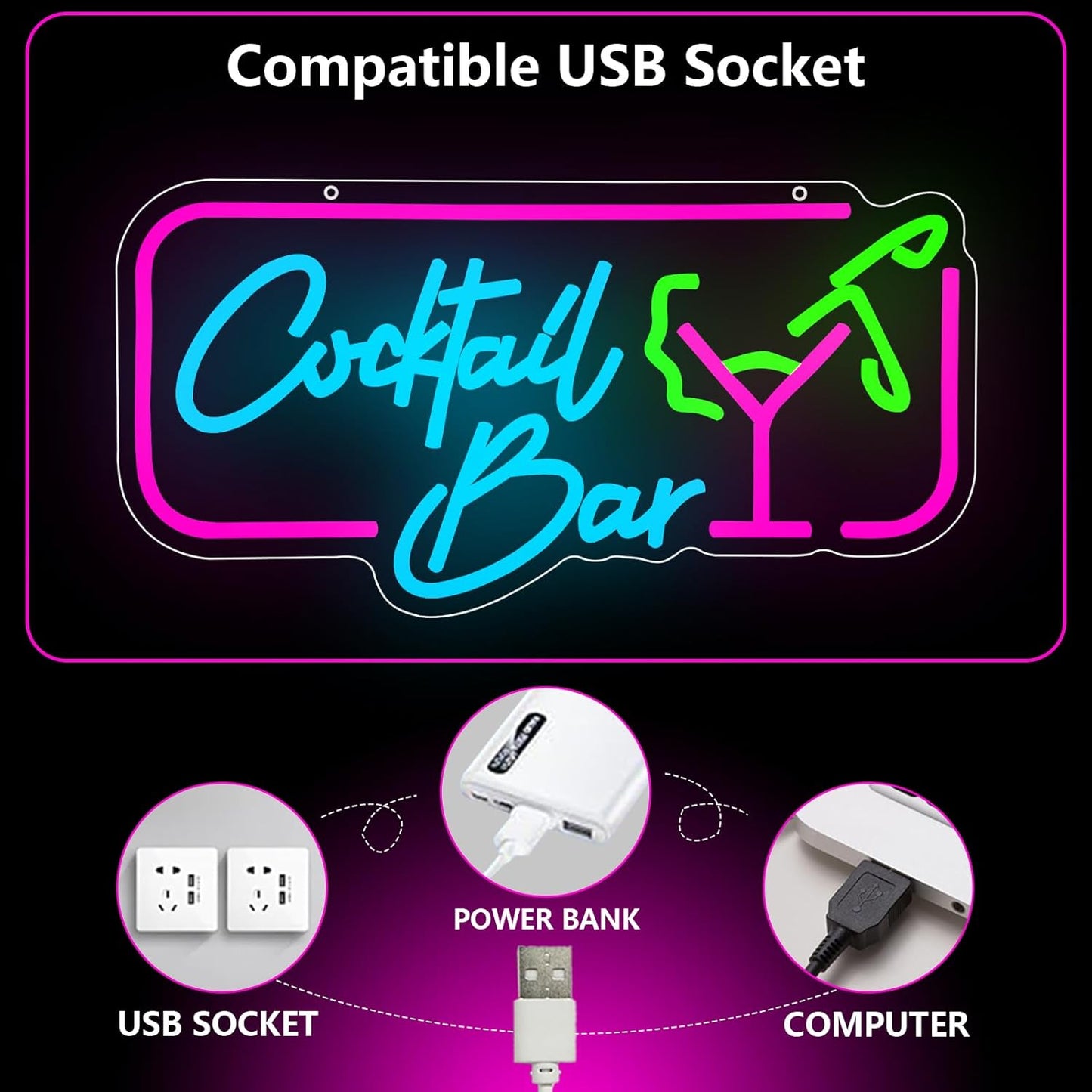 Cocktail Bar Neon Sign, Cocktail Vintage LED Neon Light Signs for Wall Decor Dimmable Led Light Up Sign for Home Beer Bar Pub Night Club Party Man Cave Decoration Gift USB Powered(16.9"*8.7")