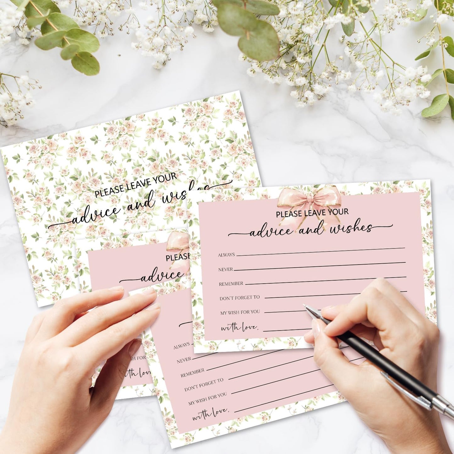 Pink Bow Advice and Wishes Card, Flower Advice Cards for The Bride and Groom, Bridal Shower,Wedding or Baby Shower, Birthday, Graduation, Retirement, Guestbook - 25 Cards -11