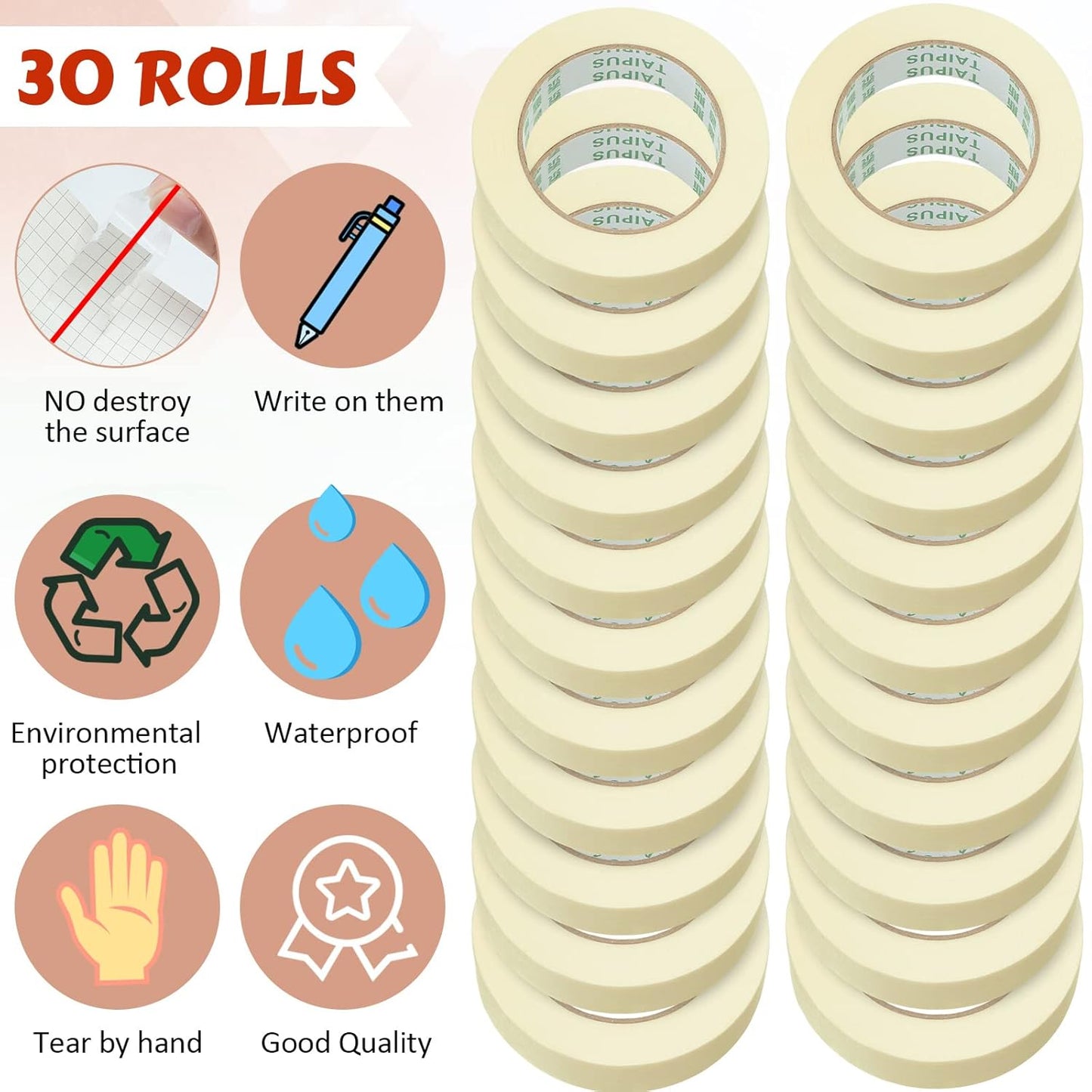 Masking Tape Bulk General Purpose Masking Painting Tape 55 Yards for Painting Home Office School Stationery Arts Crafts Basic Use, Easy Removal(30 Rolls,1 Inch)