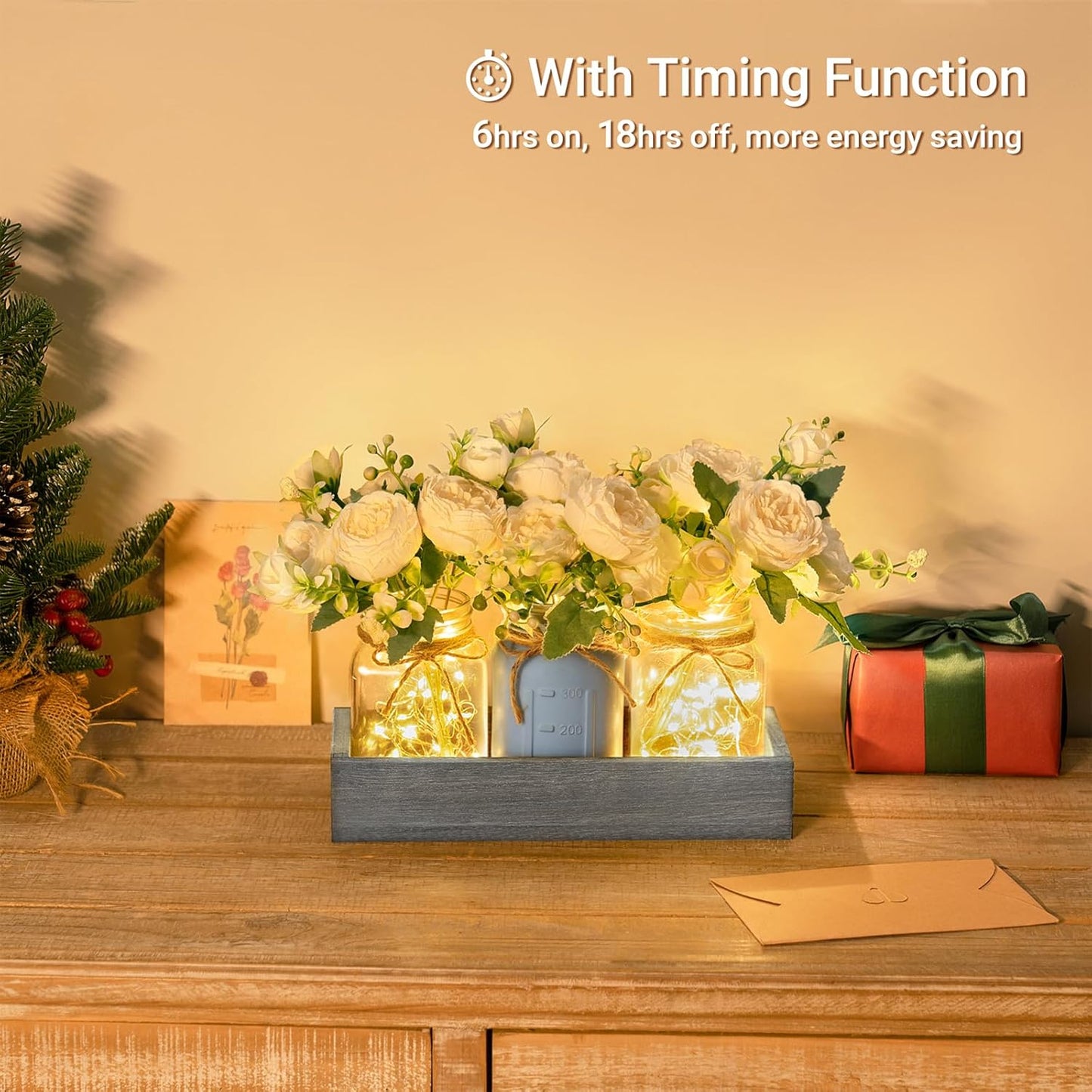 Mkono Mason Jar Lights Centerpiece Table Decor for Dining Room Farmhouse Wood Tray with 3 Jars Flowers Center Pieces Spring Decor for Coffee Table Kitchen Living Room, Grey Blue